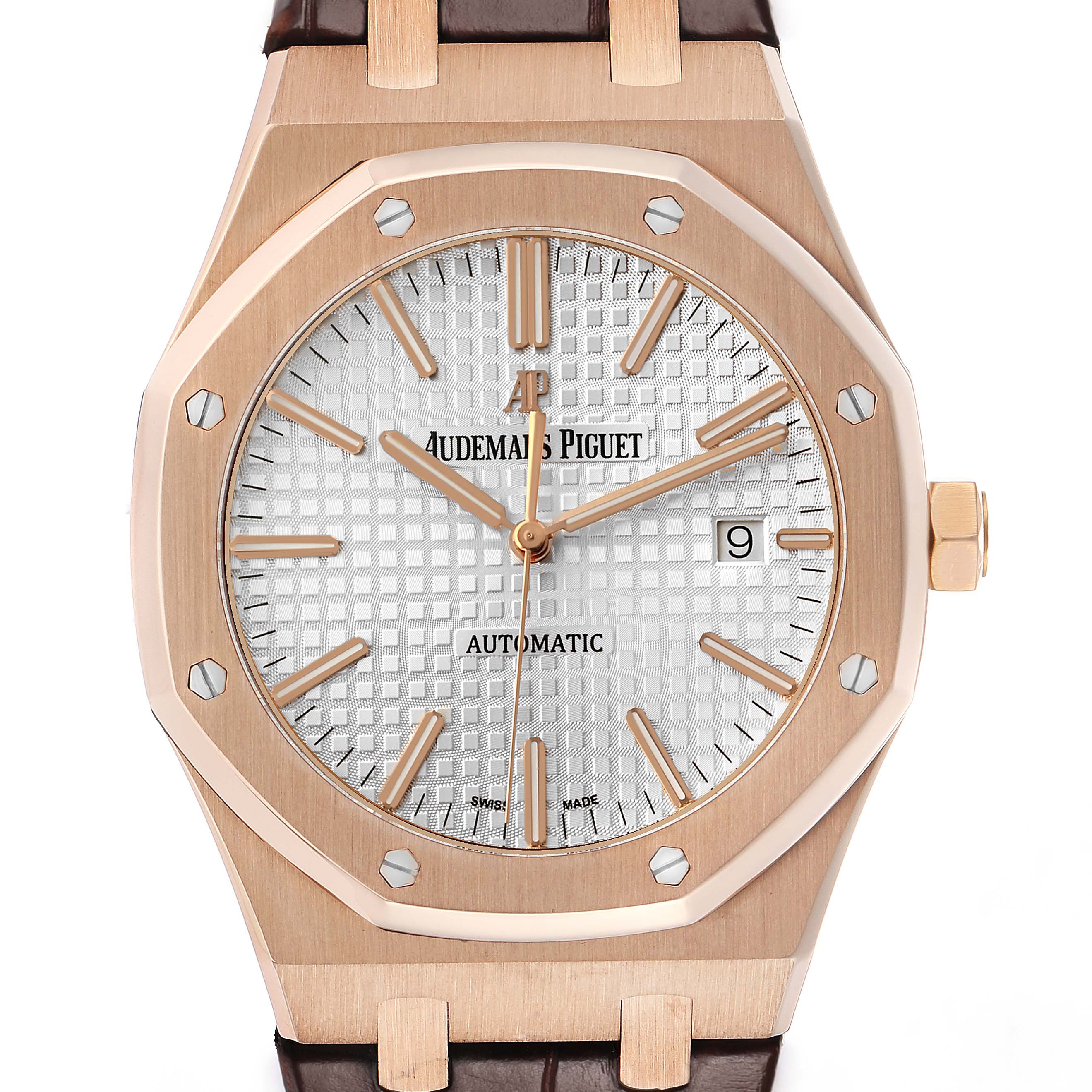The image shows a close-up of the Audemars Piguet Royal Oak 15400OR Men's Rose Gold Silver Dial's face from the front, highlighting the bezel, dial, and crown.