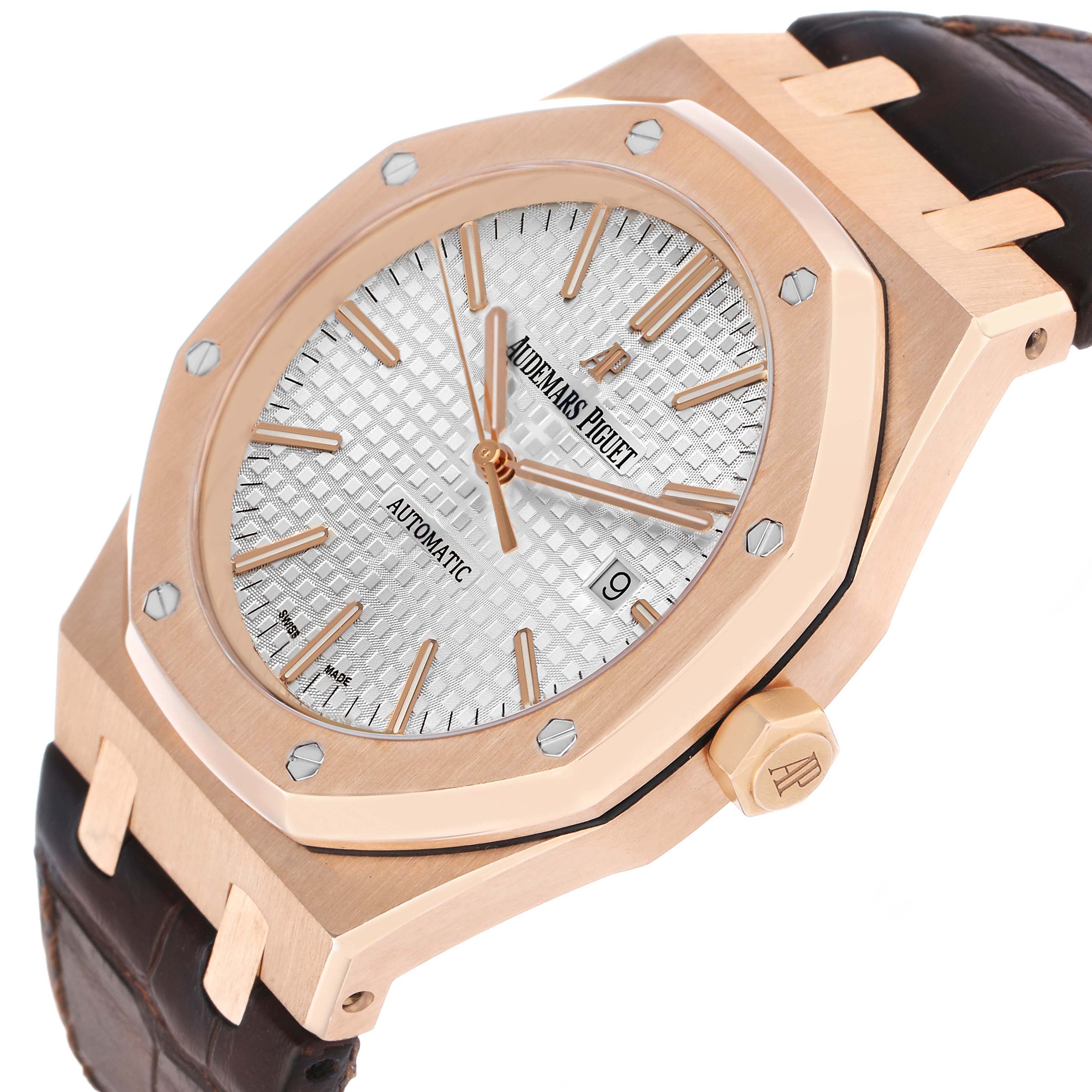 The Audemars Piguet Royal Oak 15400OR Men's Rose Gold Silver Dial watch is shown at an angle highlighting the case, bezel, crown, and part of the strap.
