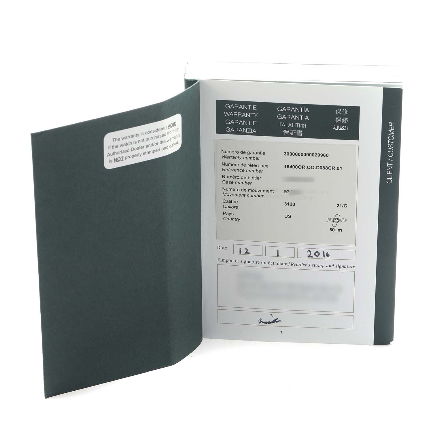 The image shows the warranty booklet for an Audemars Piguet Royal Oak 15400OR Men's Rose Gold Silver Dial watch, open to display warranty details.