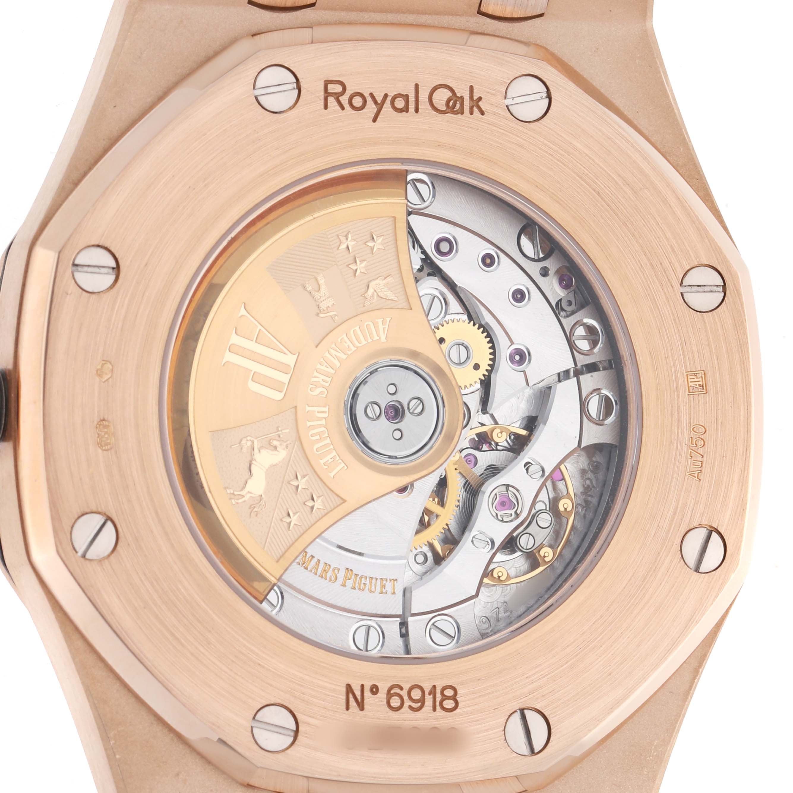 The image shows the back of an Audemars Piguet Royal Oak 15400OR Men's Rose Gold Silver Dial watch with visible movement and rotor details.