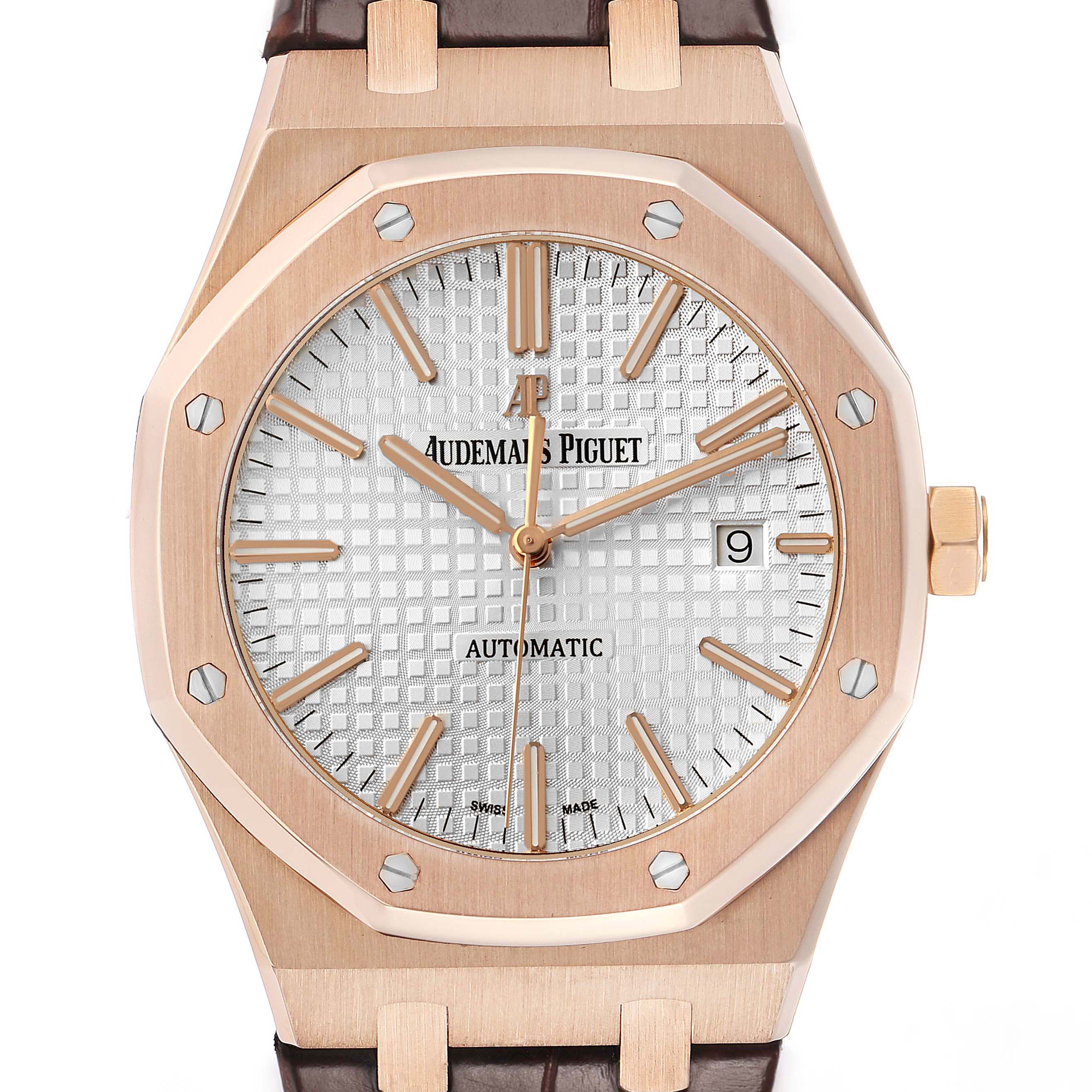 The image shows a front view of the Audemars Piguet Royal Oak 15400OR Men's Rose Gold Silver Dial watch, highlighting the dial, bezel, and part of the strap.