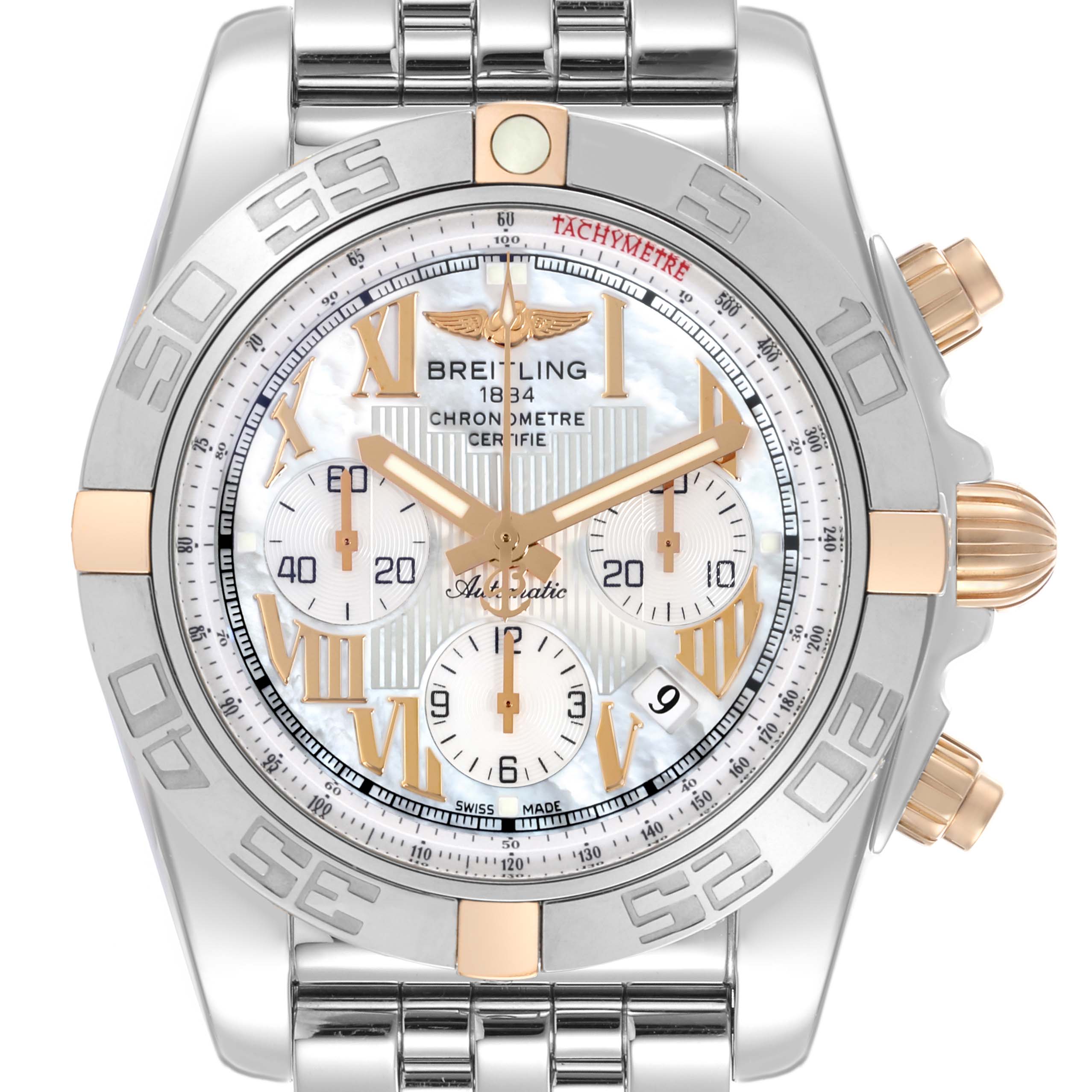 The Breitling Chronomat IB0110 Men's Steel and Gold (two tone) Mother of Pearl Dial IB0110 Men's Steel and Gold (two tone) Mother of Pearl Dial watch is shown from a frontal angle, featuring its bezel, dial, and partial bracelet.