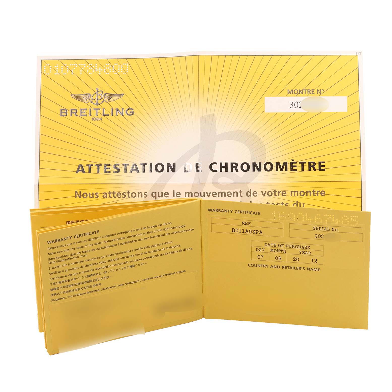 The image shows the Breitling Chronomat IB0110 Men's Steel and Gold (two tone) Mother of Pearl Dial IB0110 Men's Steel and Gold (two tone) Mother of Pearl Dial's warranty certificate and chronometer attestation documents.