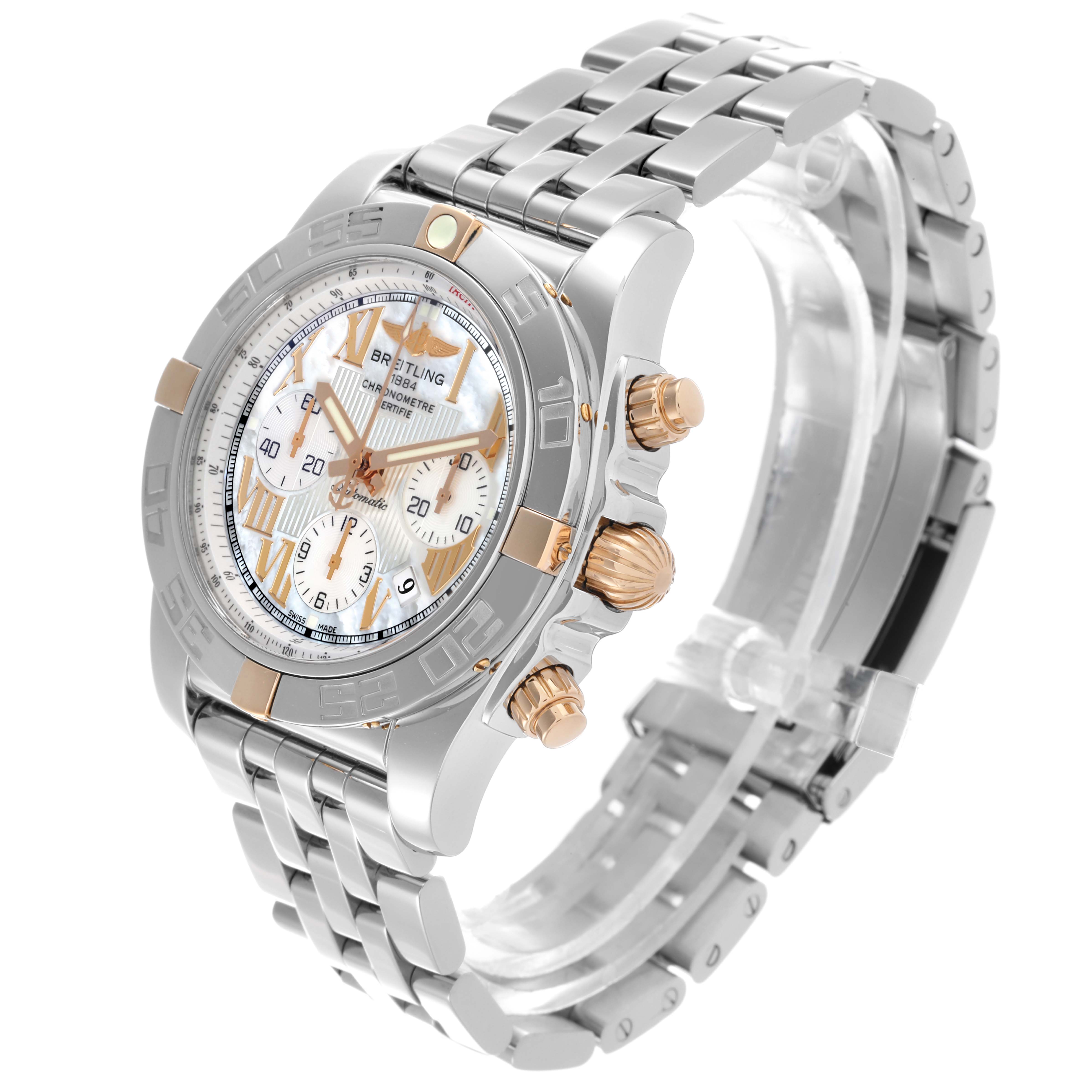 The Breitling Chronomat IB0110 Men's Steel and Gold (two tone) Mother of Pearl Dial IB0110 Men's Steel and Gold (two tone) Mother of Pearl Dial watch is shown at a three-quarter angle, highlighting the face, bezel, crown, and bracelet.