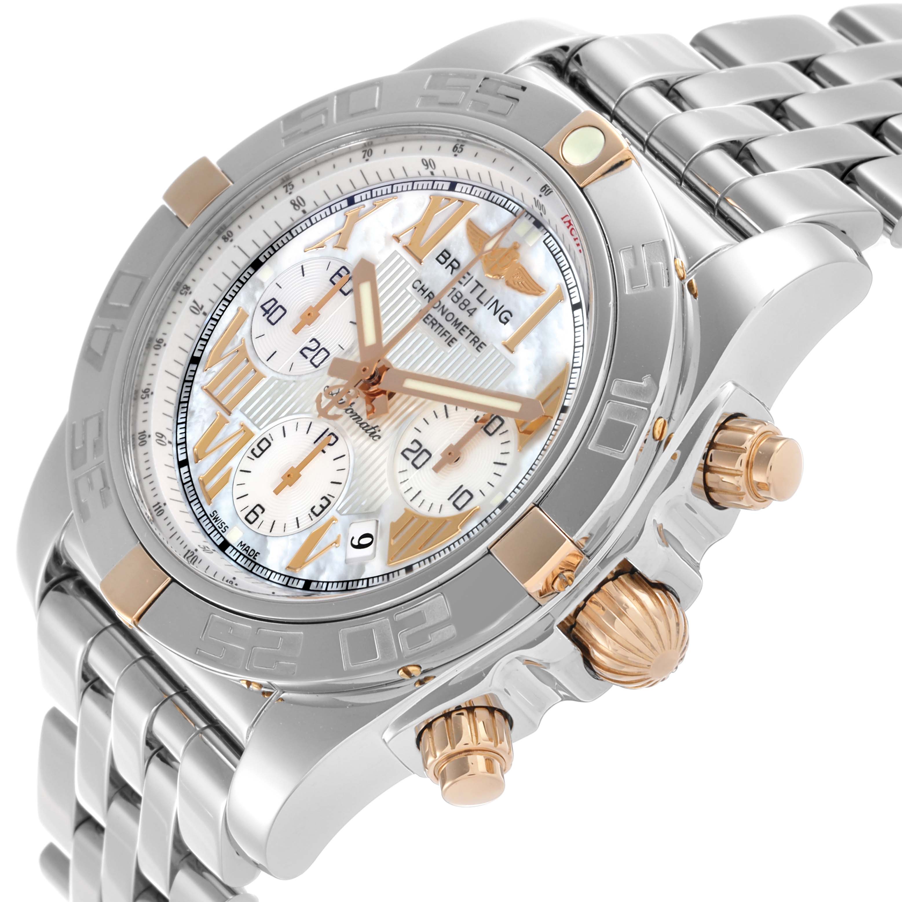 The Breitling Chronomat IB0110 Men's Steel and Gold (two tone) Mother of Pearl Dial IB0110 Men's Steel and Gold (two tone) Mother of Pearl Dial watch is shown from an angled side view, highlighting its dial, bezel, crown, and bracelet.