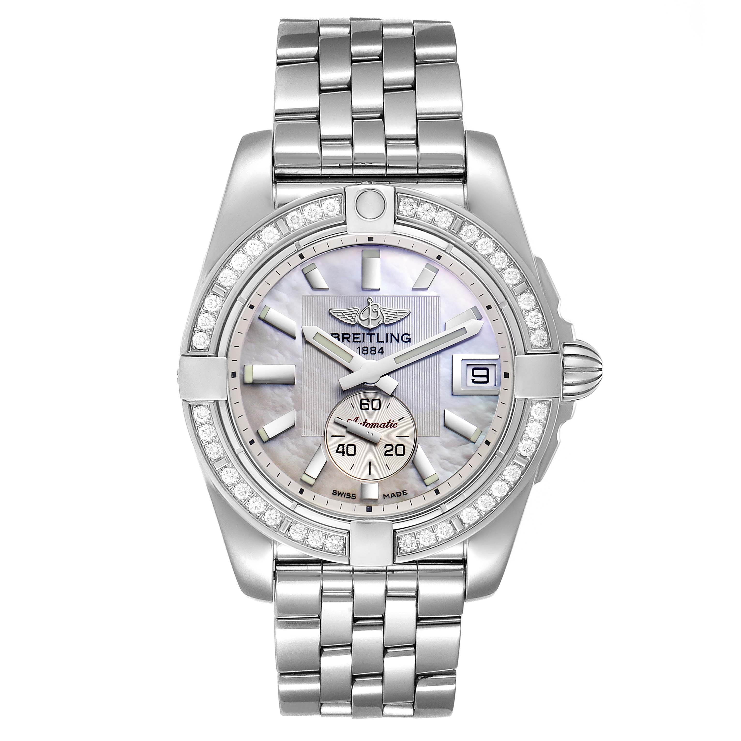 The image shows a front view of the Breitling A37330 Women's Stainless Steel Mother of Pearl Dial A37330 Women's Stainless Steel Mother of Pearl Dial Galactic 36 Mother of Pearl Diamond Steel Ladies Watch A37330, highlighting its dial, bezel, and bracelet.