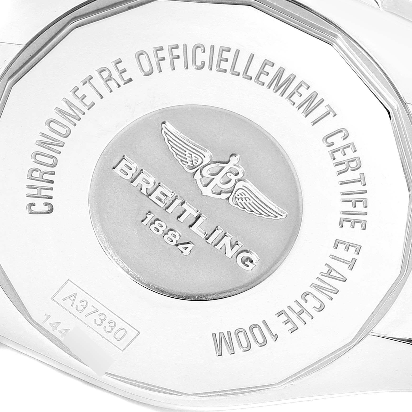 The image shows the case back of the Breitling A37330 Women's Stainless Steel Mother of Pearl Dial A37330 Women's Stainless Steel Mother of Pearl Dial Galactic 36 Mother of Pearl Diamond Steel Ladies Watch A37330.