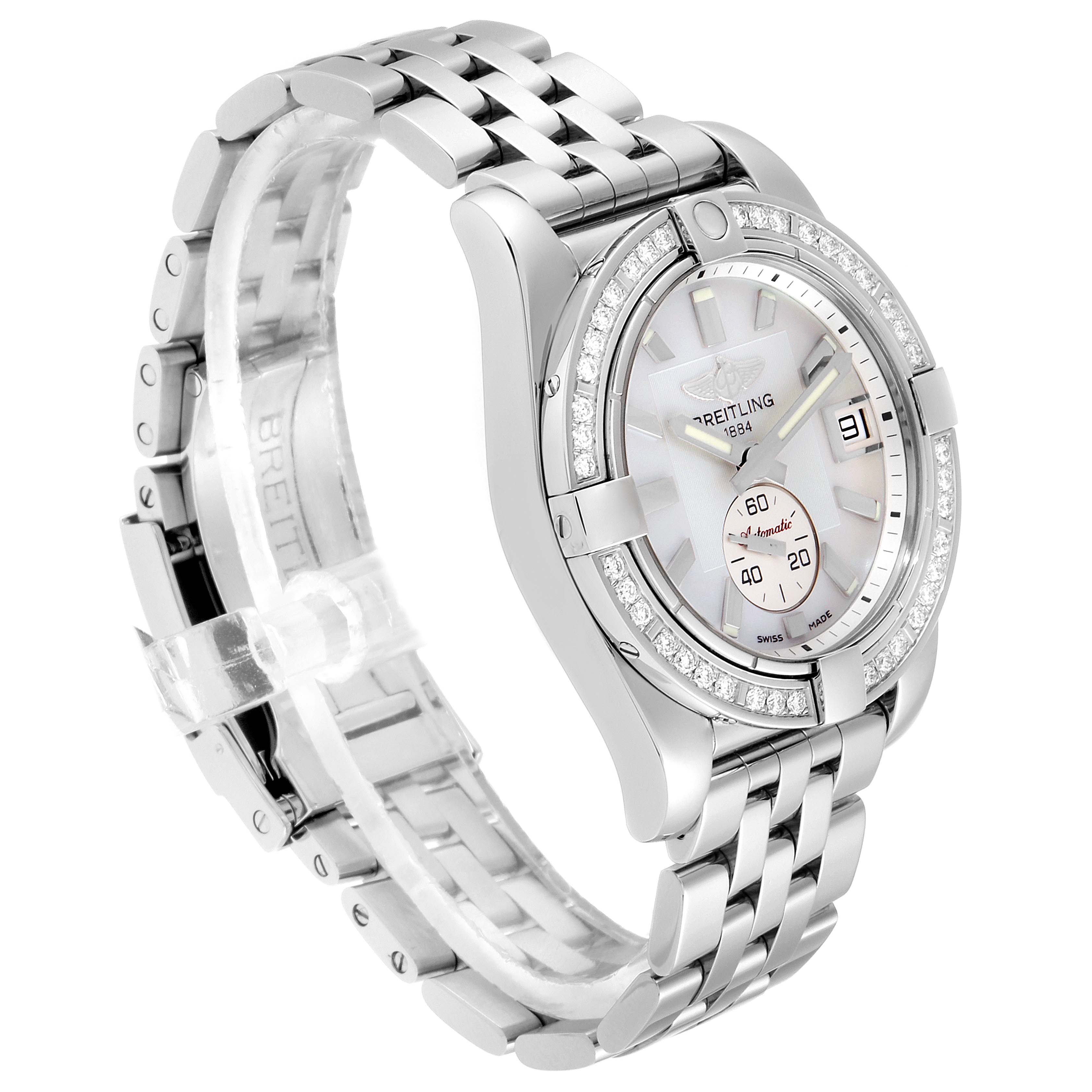 The image shows the Breitling A37330 Women's Stainless Steel Mother of Pearl Dial A37330 Women's Stainless Steel Mother of Pearl Dial Galactic 36 Mother of Pearl Diamond Steel Ladies Watch A37330 from a side angle, highlighting the dial, bezel, and bracelet.