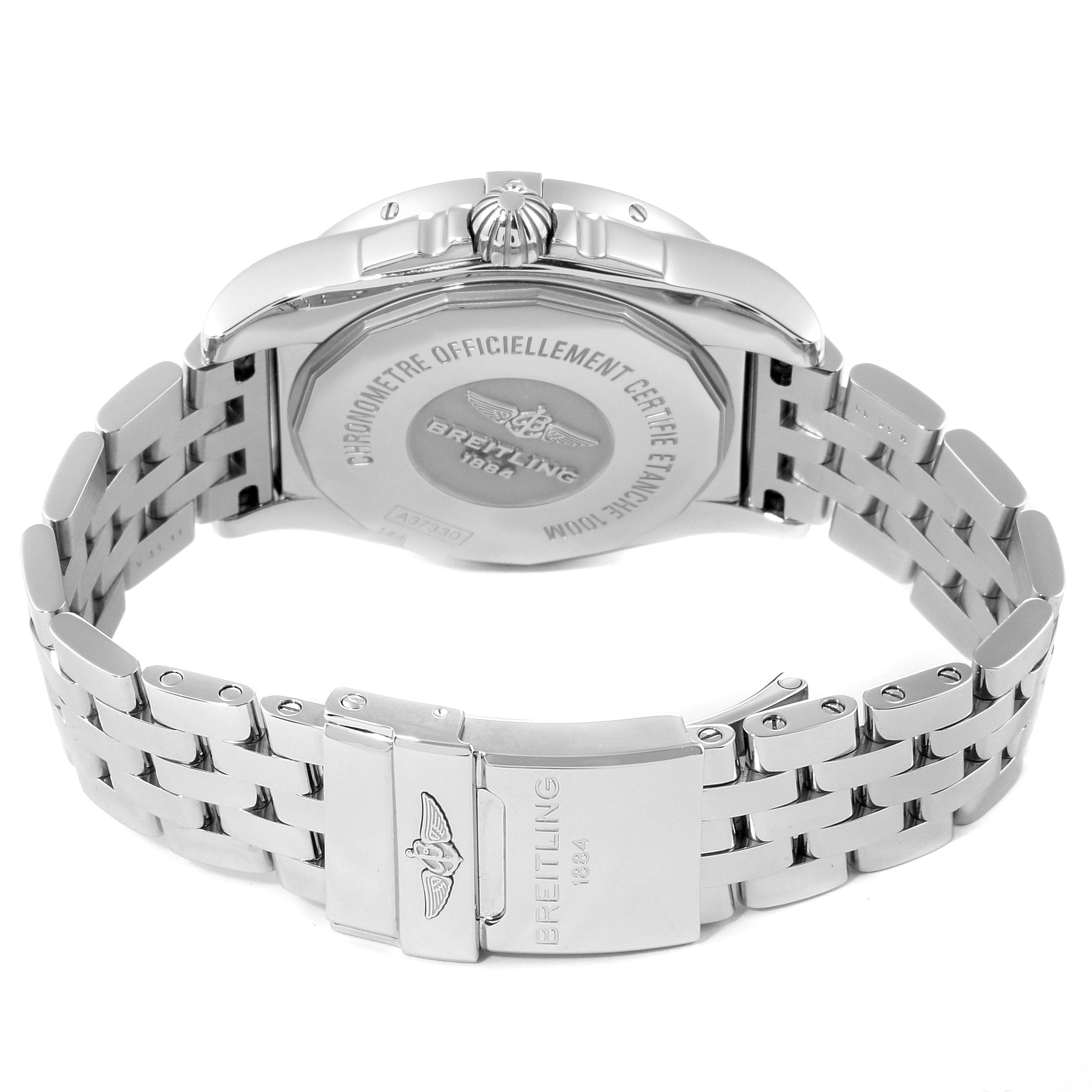 This image shows the back and clasp of the Breitling A37330 Women's Stainless Steel Mother of Pearl Dial A37330 Women's Stainless Steel Mother of Pearl Dial Galactic 36 Mother of Pearl Diamond Steel Ladies Watch A37330.