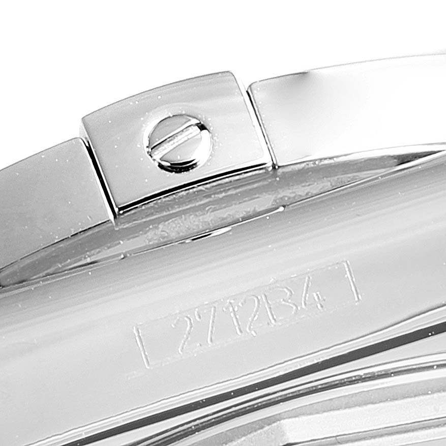 The image shows a close-up of the casing and engravings of the Breitling A37330 Women's Stainless Steel Mother of Pearl Dial A37330 Women's Stainless Steel Mother of Pearl Dial Galactic 36 Mother of Pearl Diamond Steel Ladies Watch A37330.