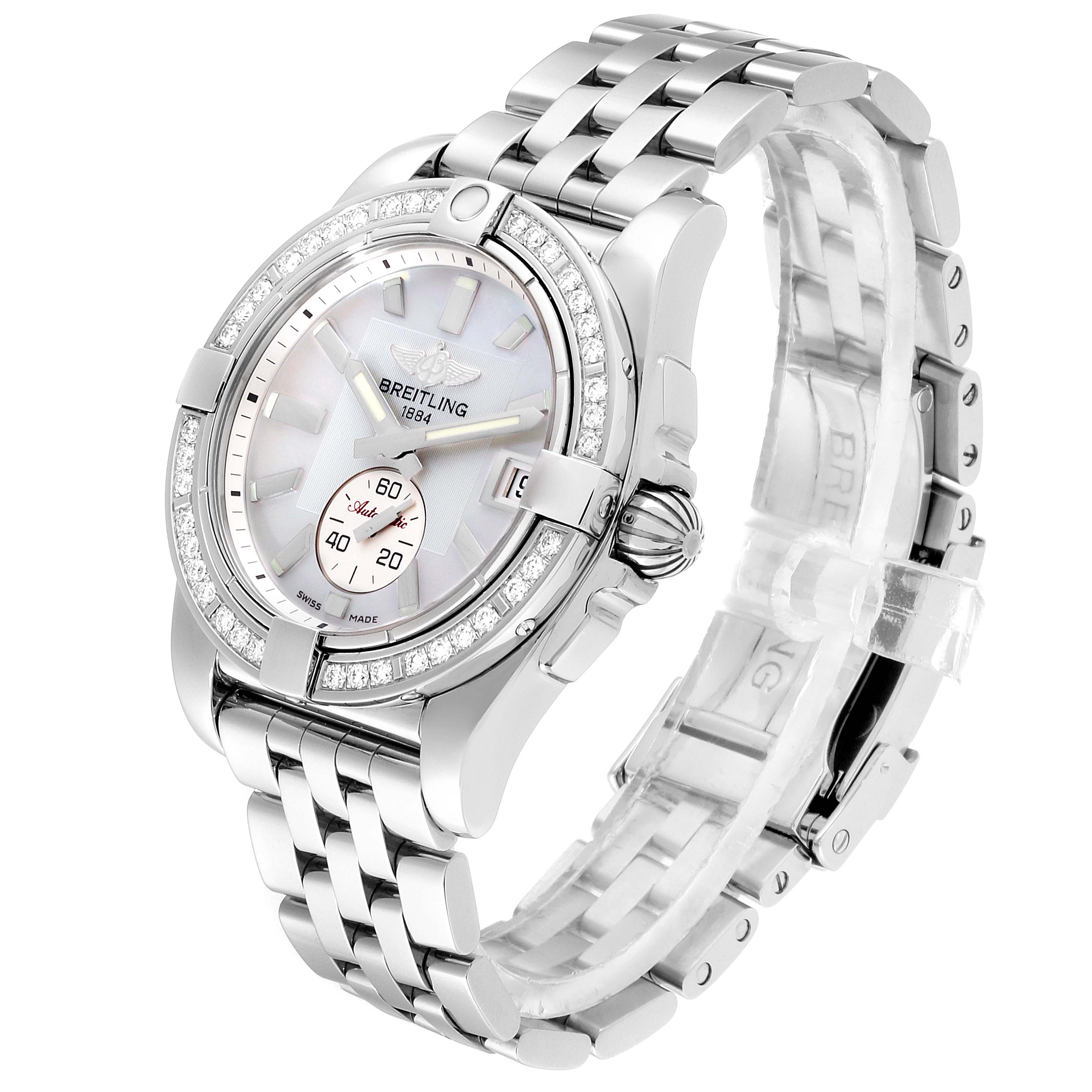 The Breitling A37330 Women's Stainless Steel Mother of Pearl Dial A37330 Women's Stainless Steel Mother of Pearl Dial Galactic 36 Mother of Pearl Diamond Steel Ladies Watch A37330 is shown angled to display its face, diamond bezel, and bracelet.