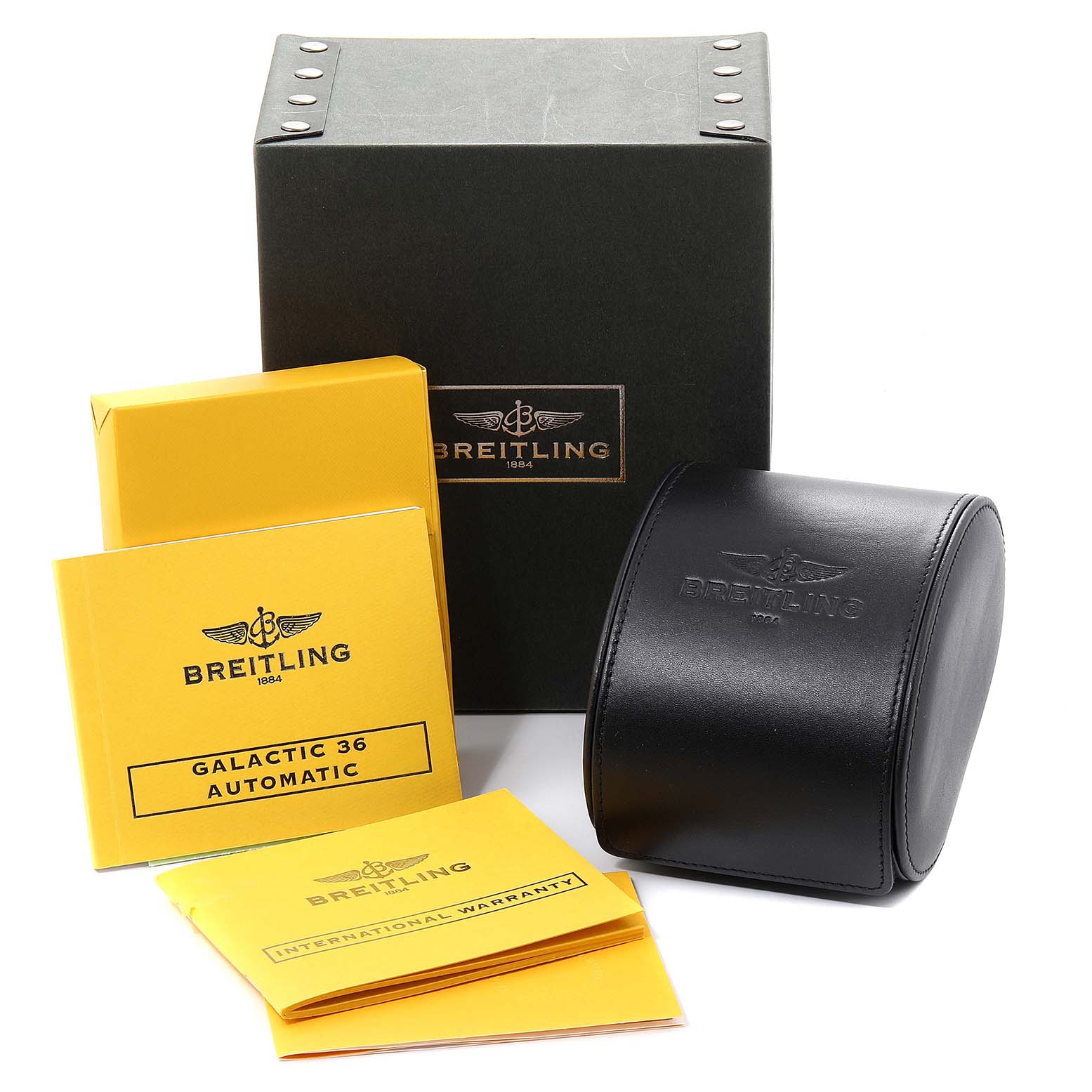 The image shows the packaging, watch case, and manuals for the Breitling A37330 Women's Stainless Steel Mother of Pearl Dial A37330 Women's Stainless Steel Mother of Pearl Dial Galactic 36 Mother of Pearl Diamond Steel Ladies Watch A37330.