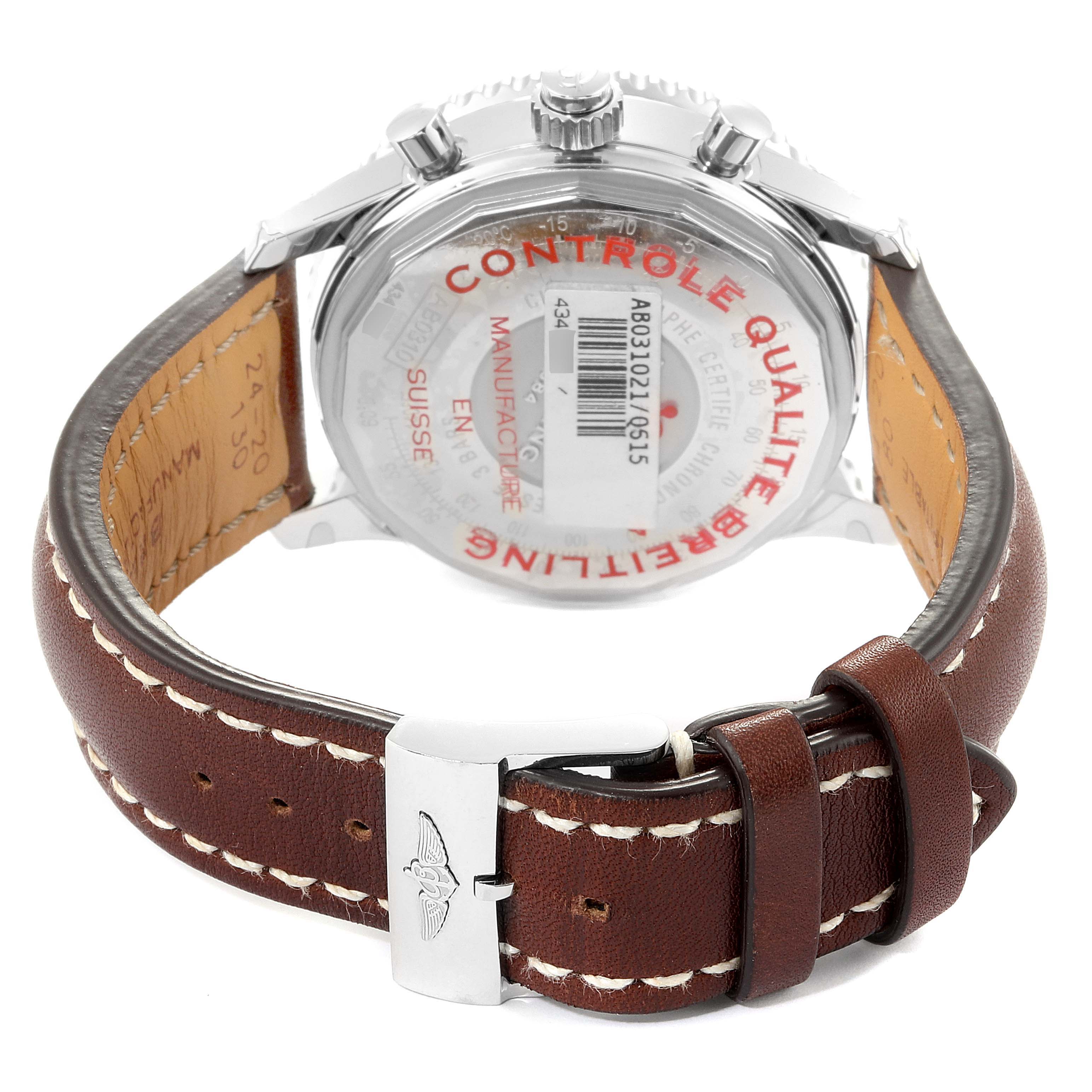 This image shows the rear view of a Breitling Navitimer AB031021/BF77/441X Men's Stainless Steel Brown Dial AB031021/BF77/441X Men's Stainless Steel Brown Dial watch, highlighting the case back and the leather strap with buckle.
