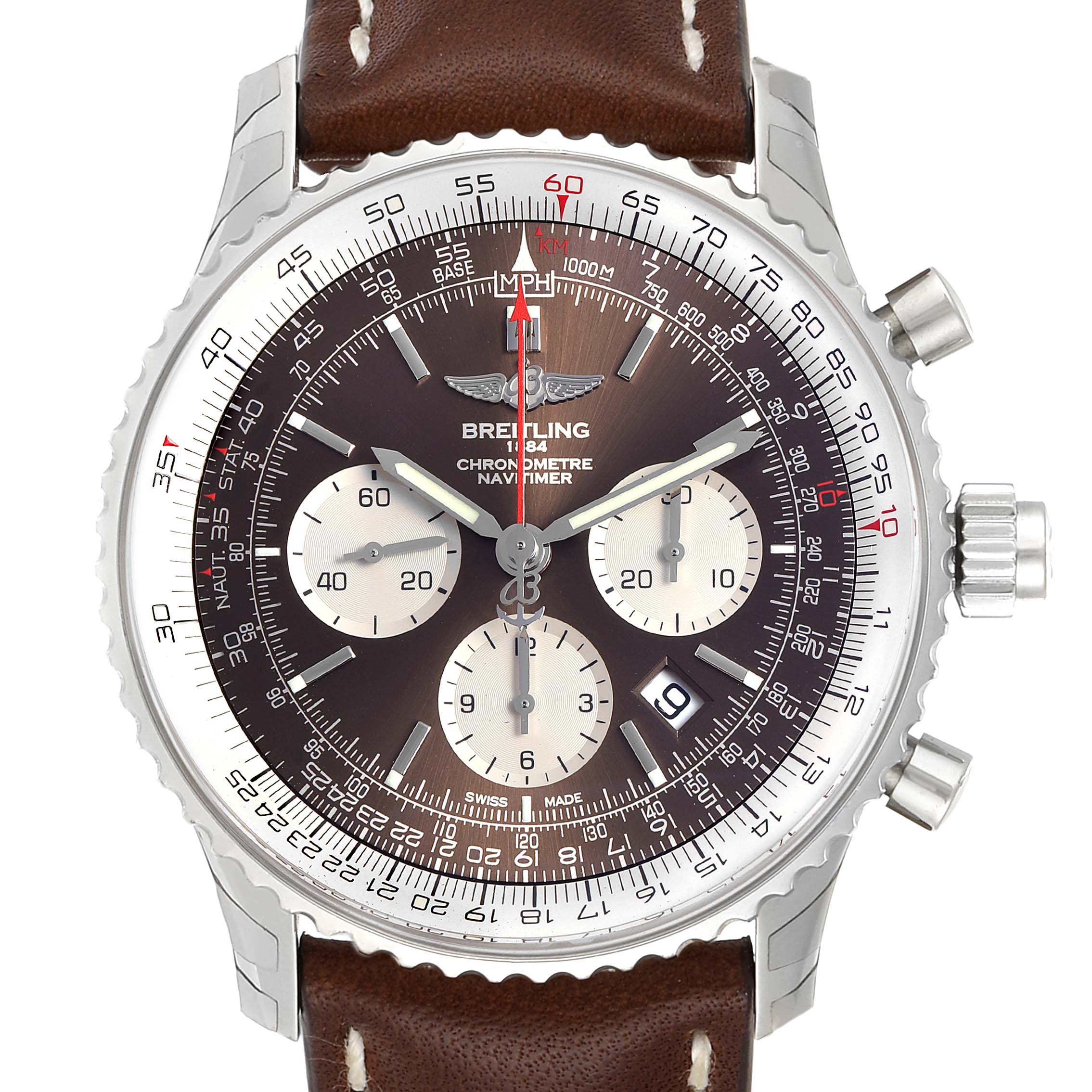 This image shows a front view of the Breitling Navitimer AB031021/BF77/441X Men's Stainless Steel Brown Dial AB031021/BF77/441X Men's Stainless Steel Brown Dial watch, highlighting its chronograph subdials and tachymeter scale.