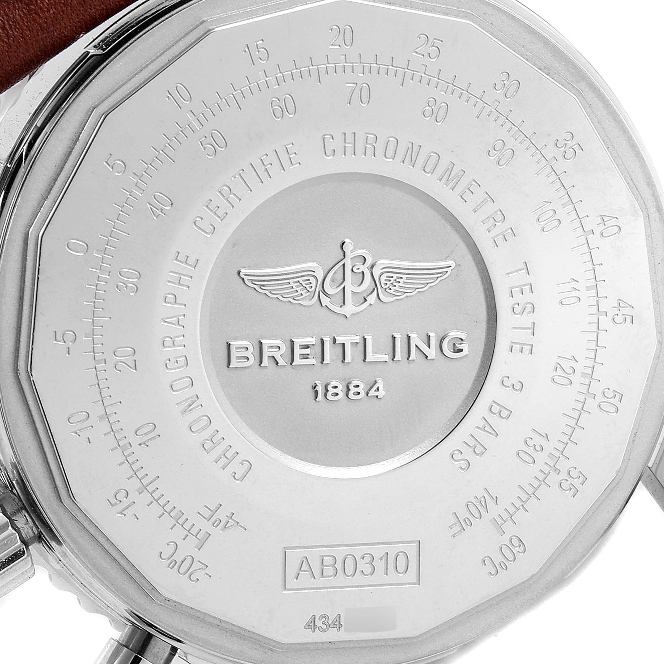 The image shows the case back of a Breitling Navitimer AB031021/BF77/441X Men's Stainless Steel Brown Dial AB031021/BF77/441X Men's Stainless Steel Brown Dial watch, displaying the brand logo, model number, and various inscriptions.