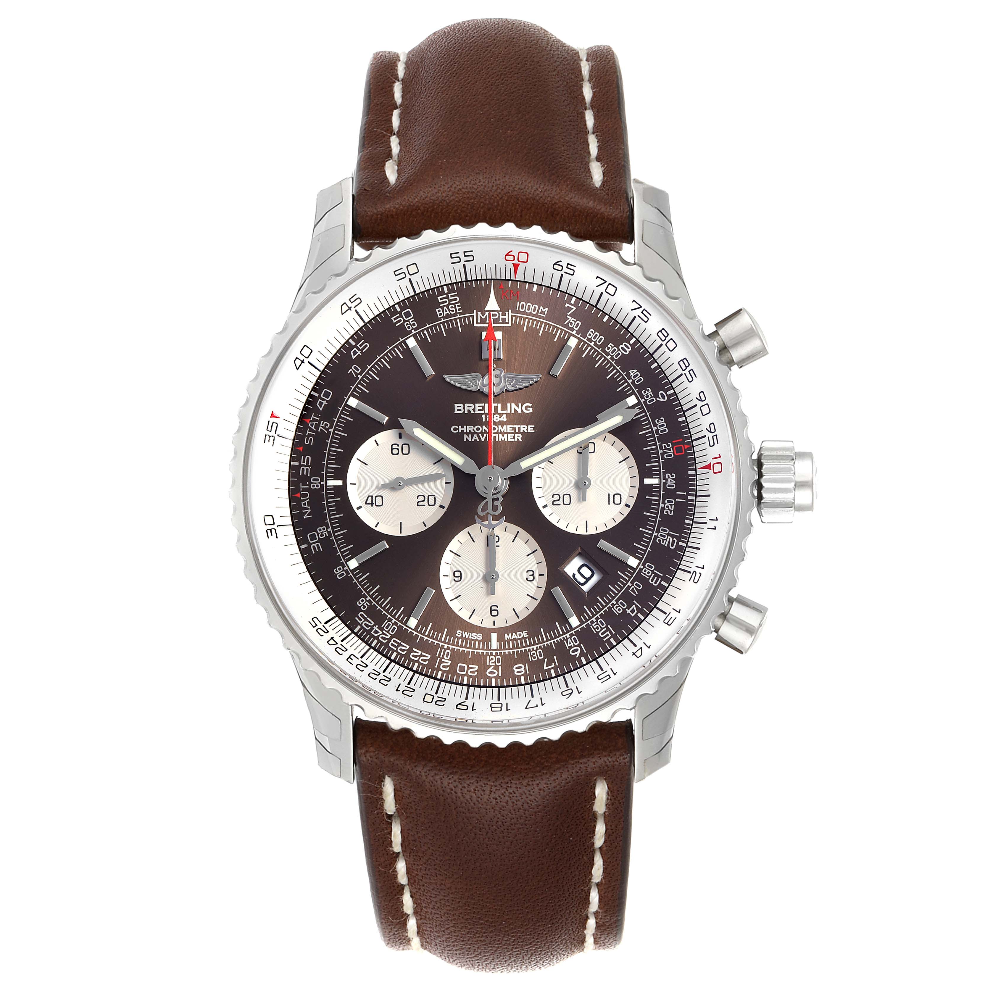 The Breitling Navitimer AB031021/BF77/441X Men's Stainless Steel Brown Dial AB031021/BF77/441X Men's Stainless Steel Brown Dial watch is shown from a top-down angle, displaying its dial, leather strap, and side buttons.