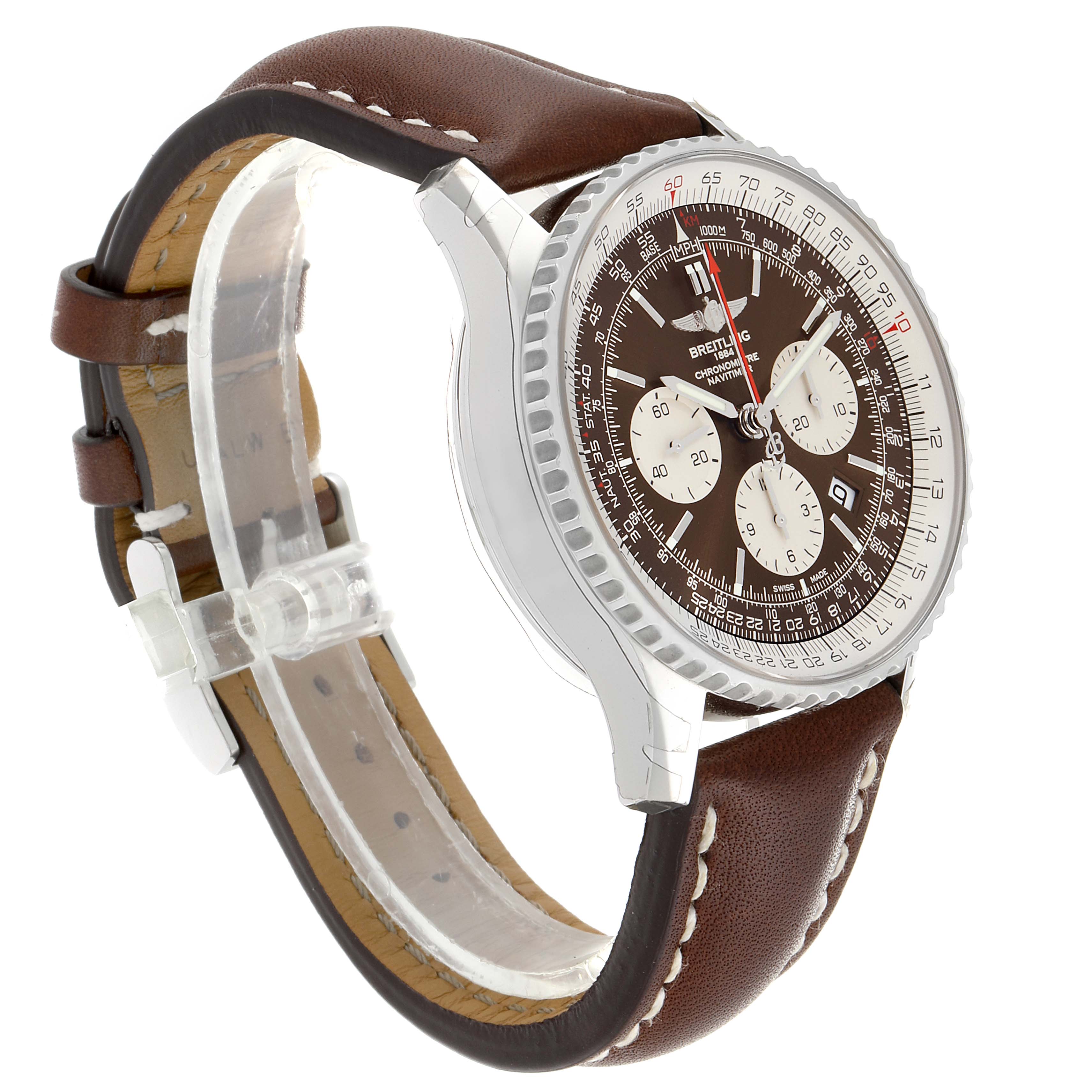 The image shows a Breitling Navitimer AB031021/BF77/441X Men's Stainless Steel Brown Dial AB031021/BF77/441X Men's Stainless Steel Brown Dial watch from a slightly angled side view, highlighting its brown leather strap and detailed dial.