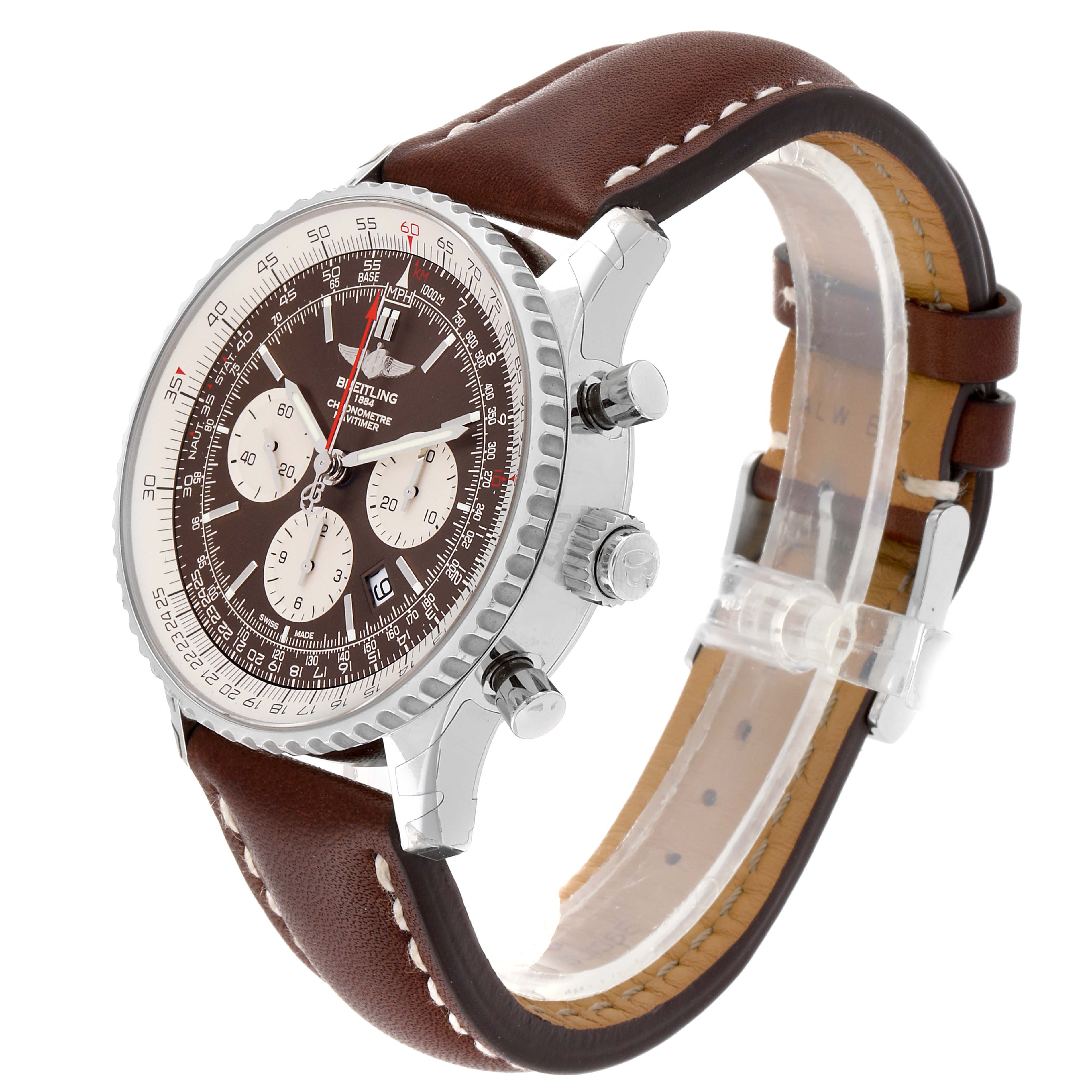 This image shows a Breitling Navitimer AB031021/BF77/441X Men's Stainless Steel Brown Dial AB031021/BF77/441X Men's Stainless Steel Brown Dial watch at a three-quarter angle, highlighting the dial, bezel, pushers, crown, and leather strap.