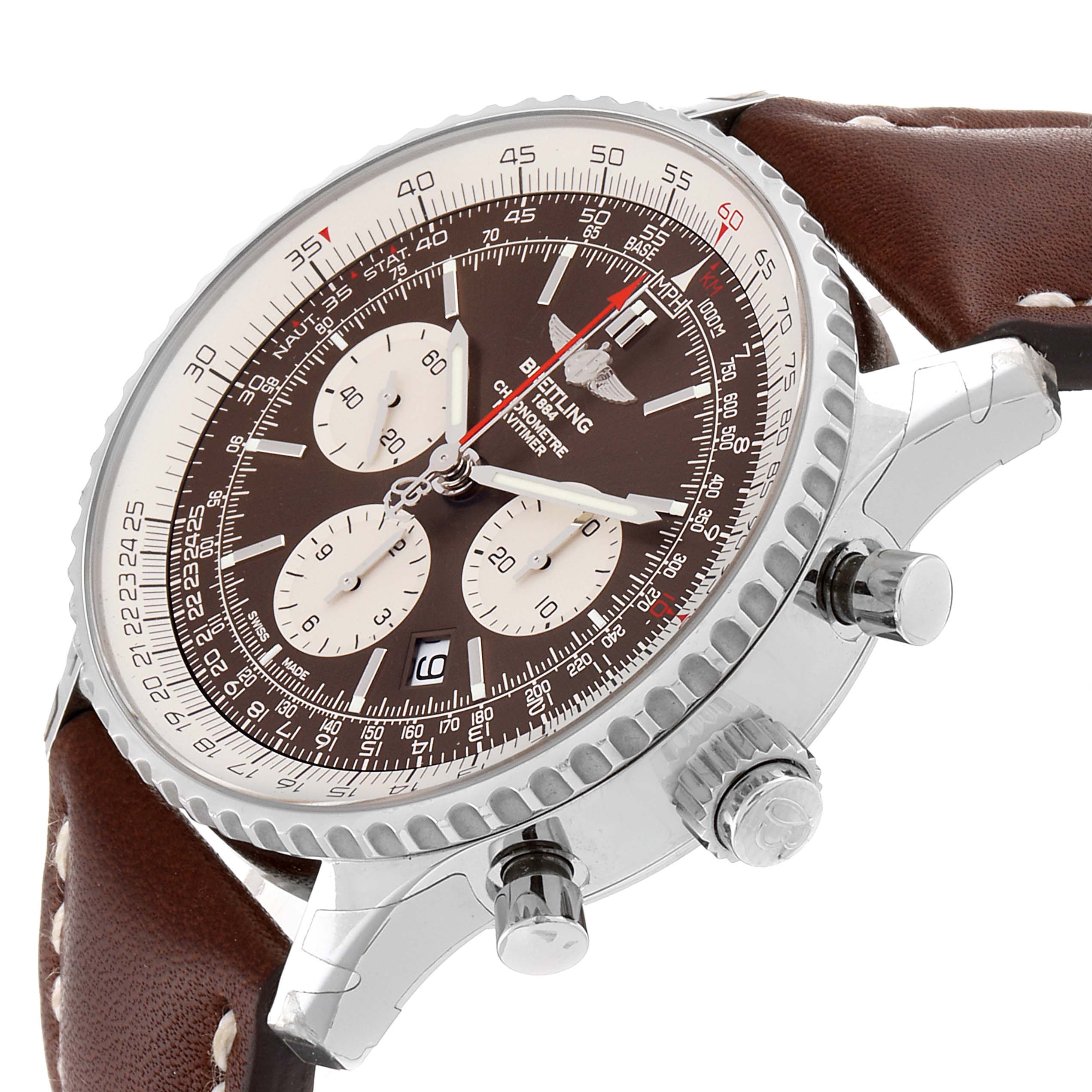 The image shows a close-up angle of the face and side buttons of a Breitling Navitimer AB031021/BF77/441X Men's Stainless Steel Brown Dial AB031021/BF77/441X Men's Stainless Steel Brown Dial watch with a brown leather strap.
