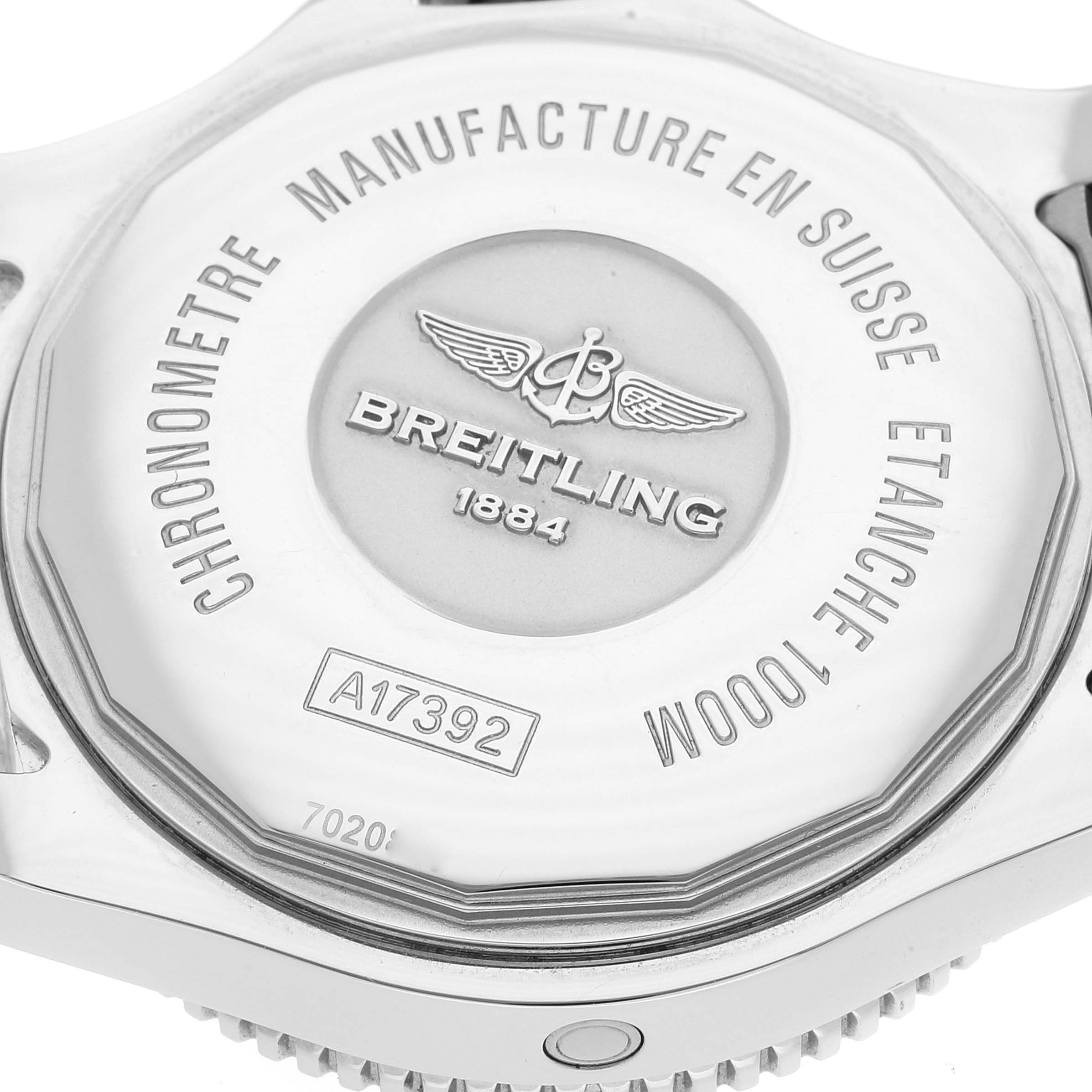 The image shows the back case of a Breitling Superocean A17392D8/C910 Men's Stainless Steel Black Dial A17392D8/C910 Men's Stainless Steel Black Dial watch with branding and model details.