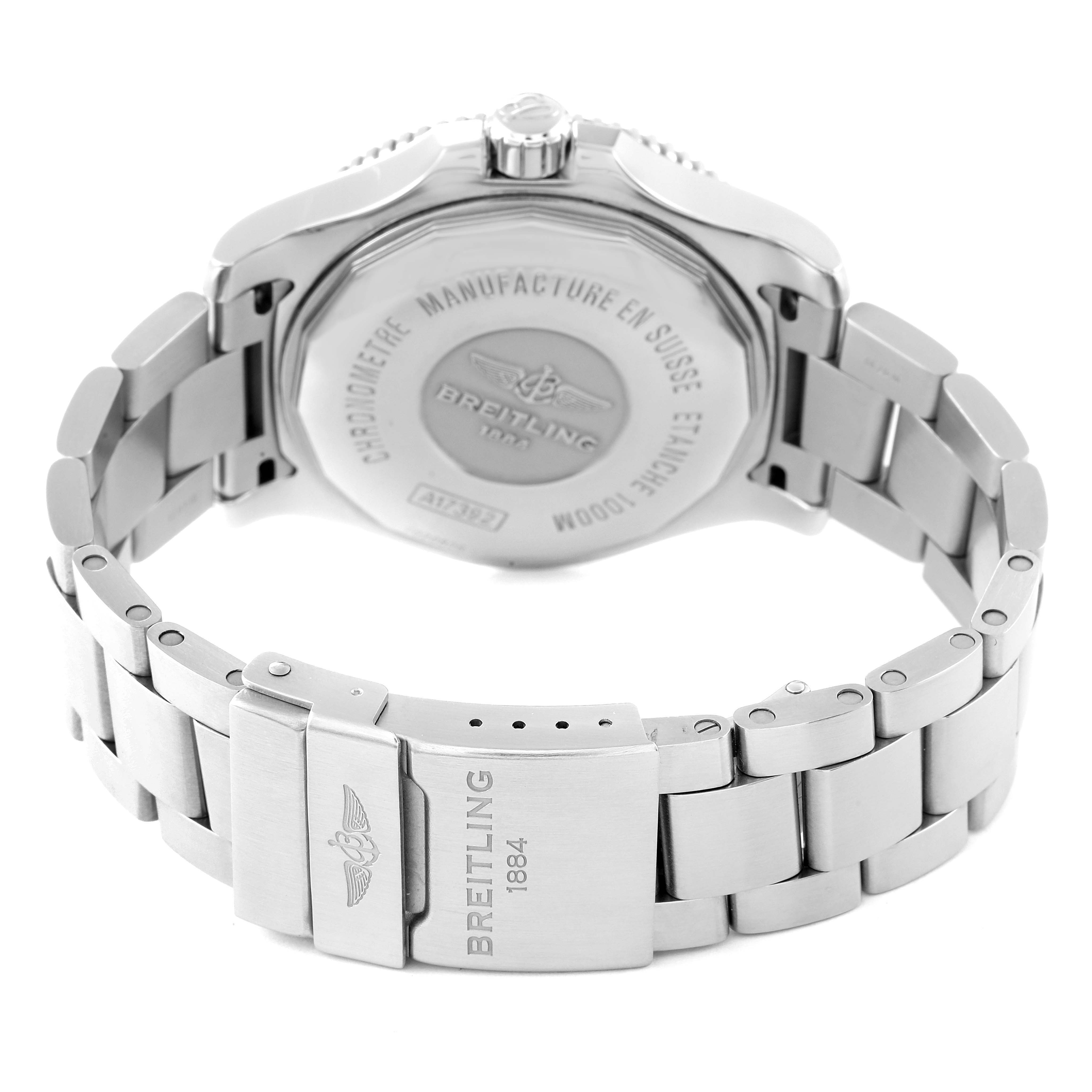 The image shows the back case and stainless steel bracelet of the Breitling Superocean A17392D8/C910 Men's Stainless Steel Black Dial A17392D8/C910 Men's Stainless Steel Black Dial watch, highlighting the clasp and bracelet links.