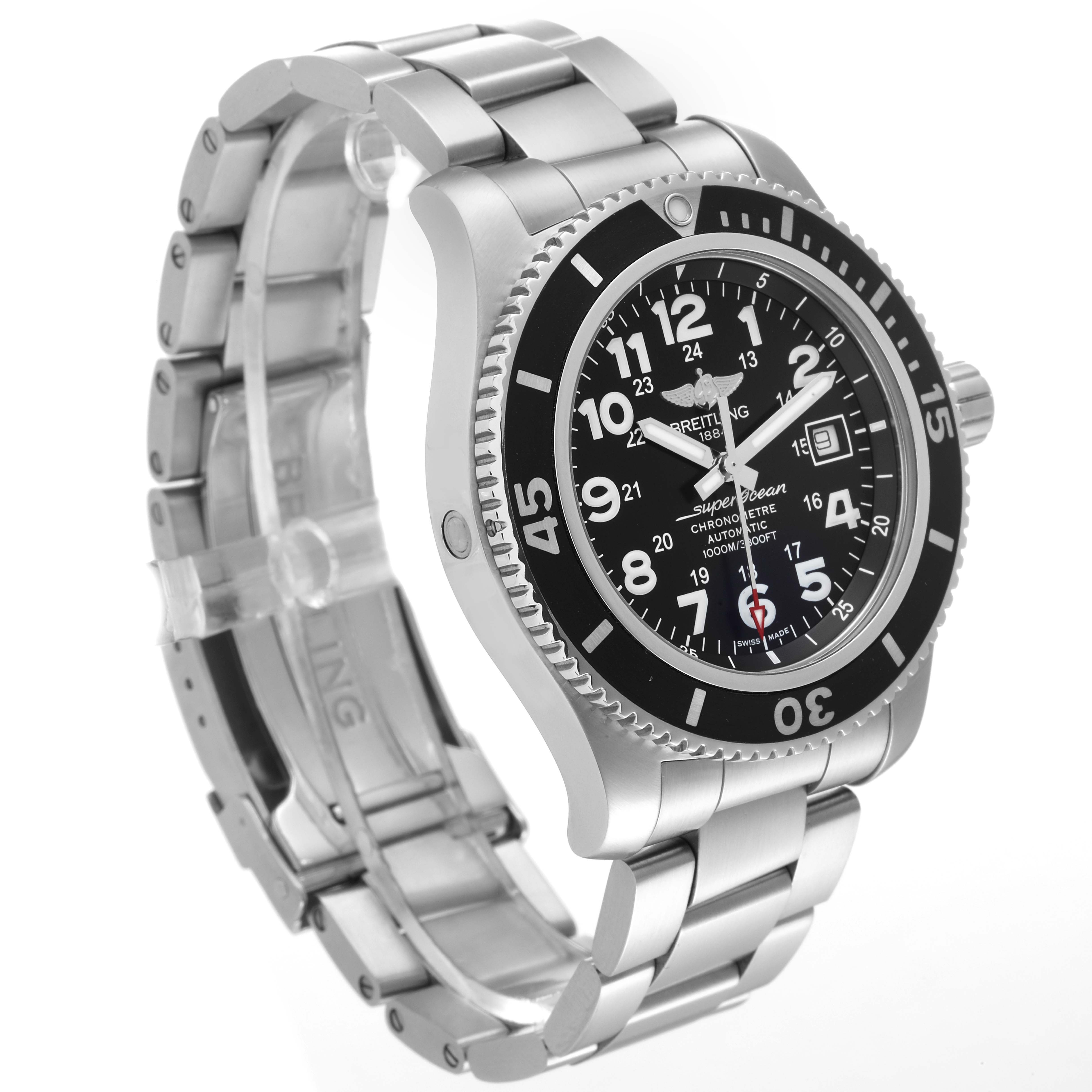 The image shows a side and front angle view of a Breitling Superocean A17392D8/C910 Men's Stainless Steel Black Dial A17392D8/C910 Men's Stainless Steel Black Dial watch, highlighting its bezel, dial, and stainless steel bracelet.