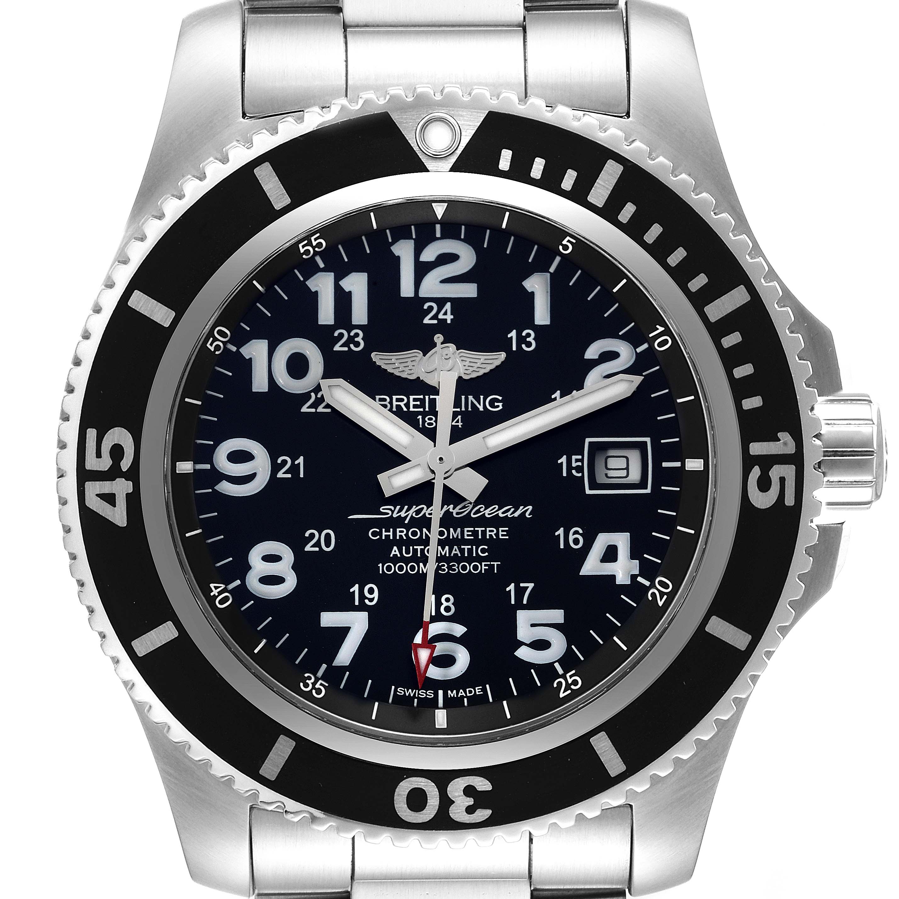 The Breitling Superocean A17392D8/C910 Men's Stainless Steel Black Dial A17392D8/C910 Men's Stainless Steel Black Dial watch is shown from a front angle, displaying the face, bezel, and part of the metal band.