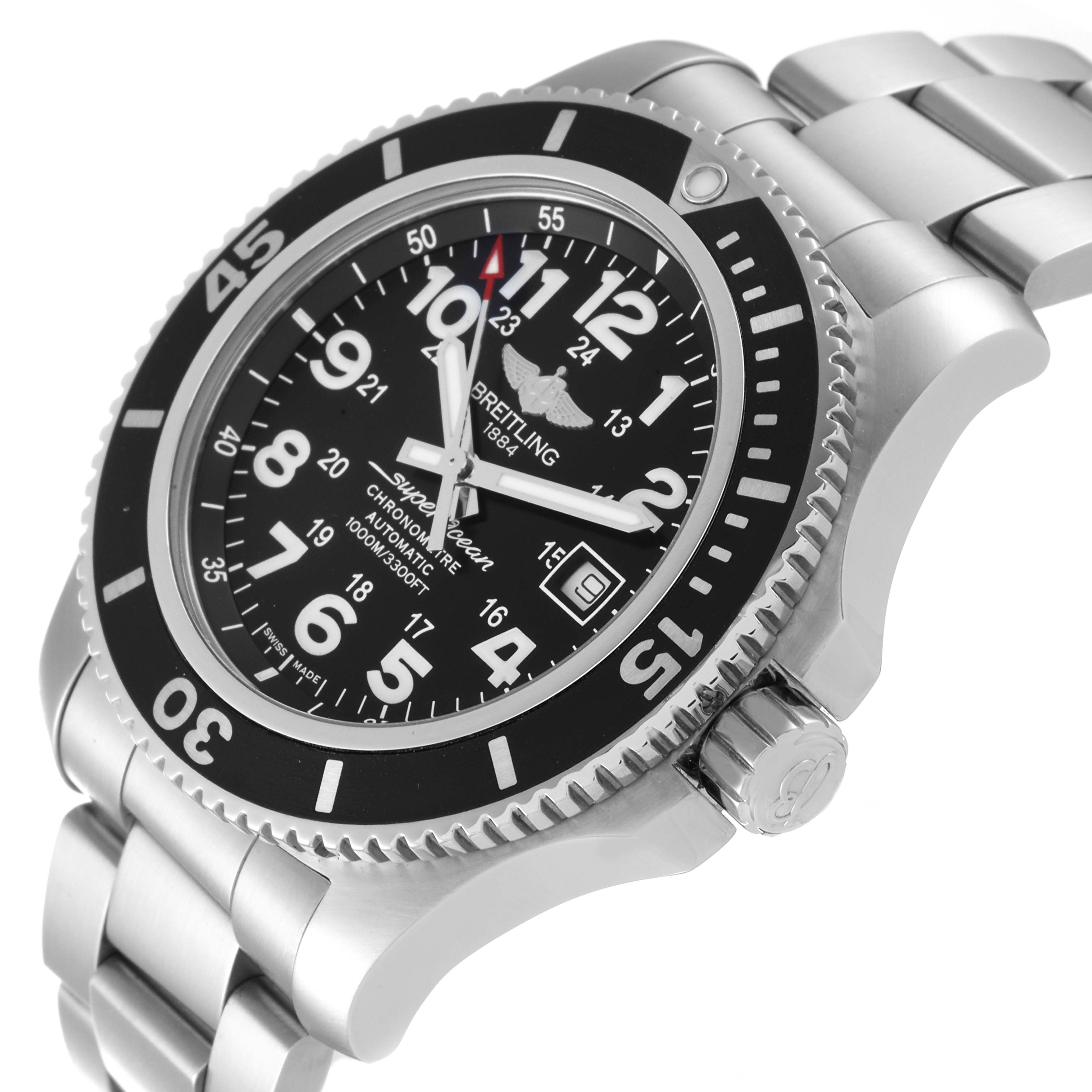 The image shows a Breitling Superocean A17392D8/C910 Men's Stainless Steel Black Dial A17392D8/C910 Men's Stainless Steel Black Dial watch at an oblique angle, highlighting its face, bezel, crown, and part of the bracelet.