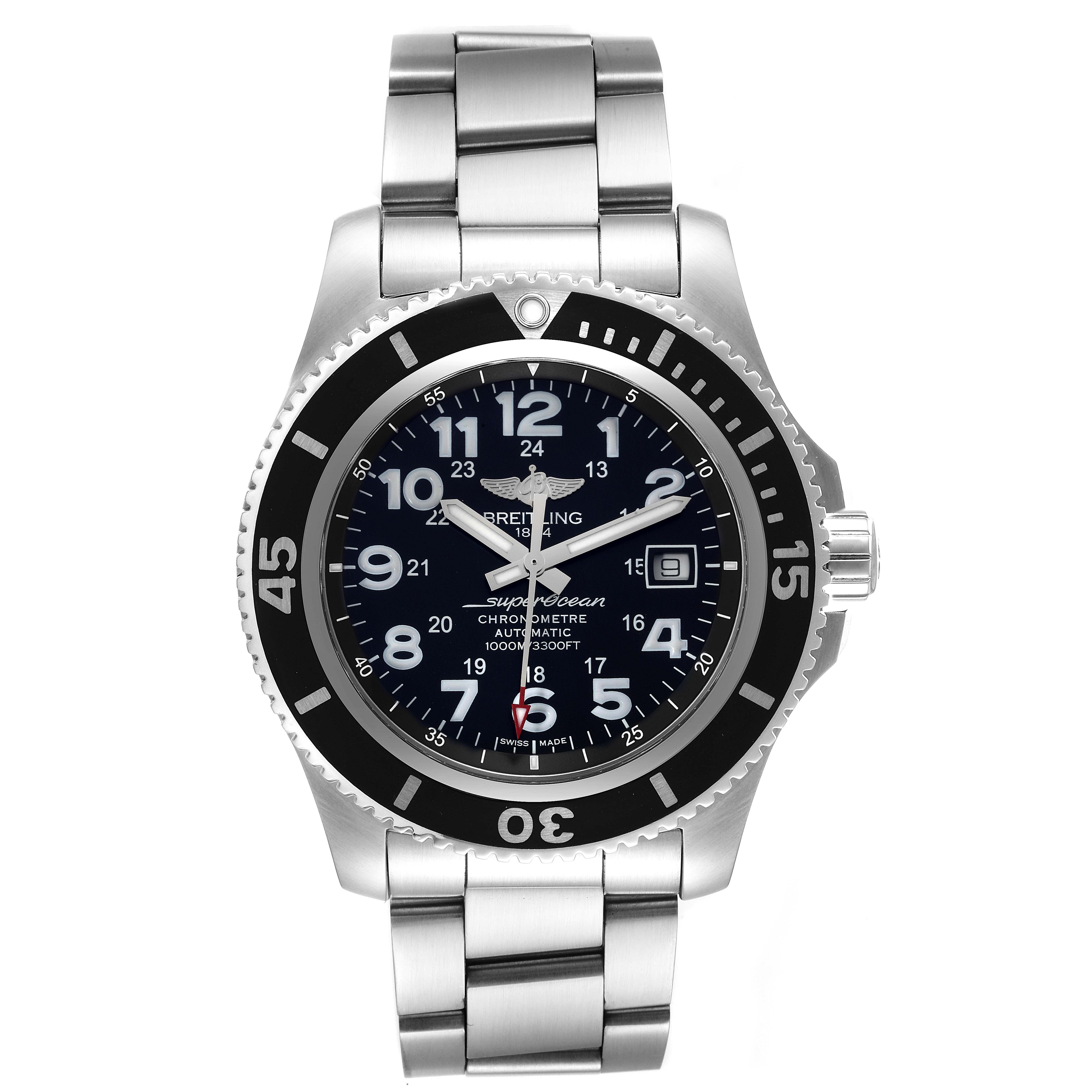 The Breitling Superocean A17392D8/C910 Men's Stainless Steel Black Dial A17392D8/C910 Men's Stainless Steel Black Dial watch is shown from a front angle, displaying its dial, bezel, case, and bracelet.
