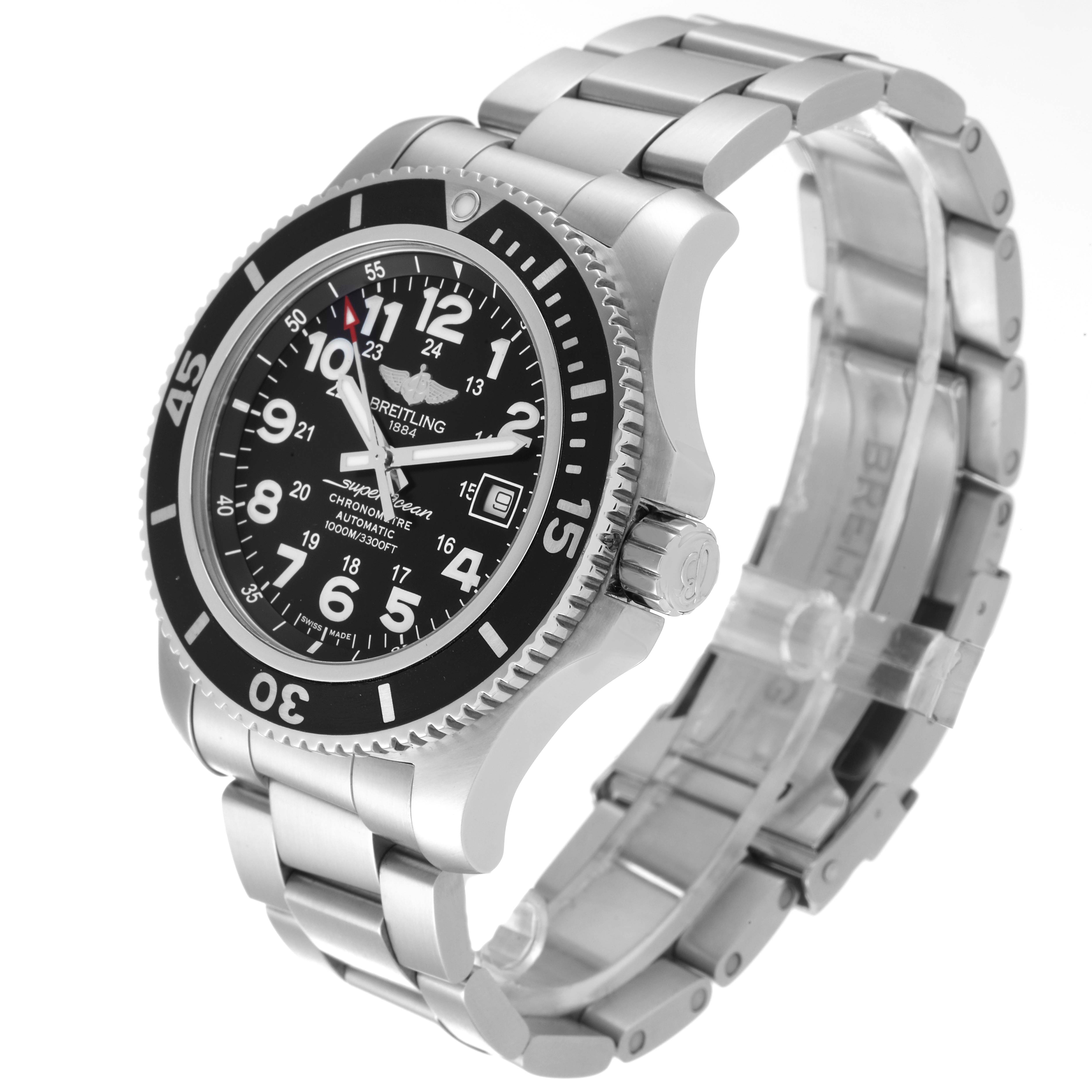 The image displays a Breitling Superocean A17392D8/C910 Men's Stainless Steel Black Dial A17392D8/C910 Men's Stainless Steel Black Dial watch at a three-quarter angle, showing the face, bezel, crown, and metal bracelet.