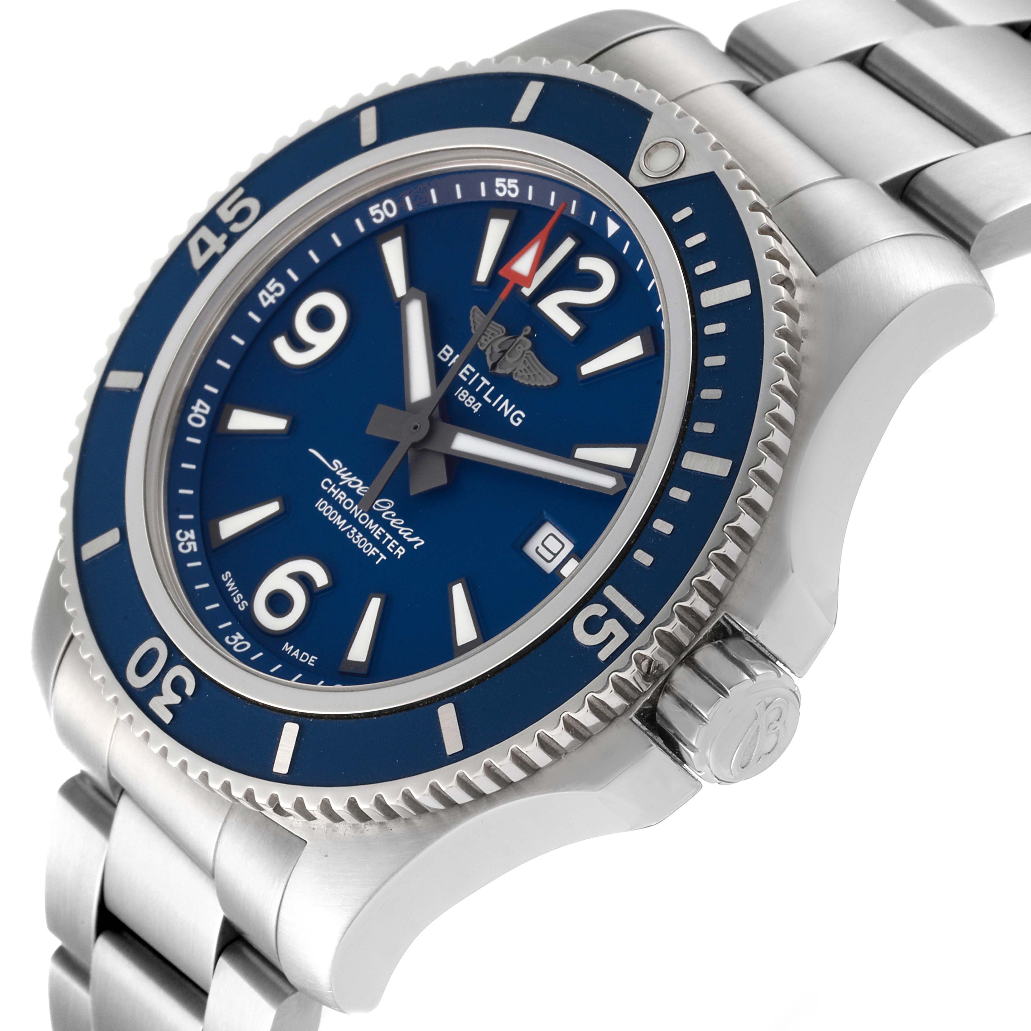 The image shows a Breitling Superocean A17367 Men's Stainless Steel Blue Dial A17367 Men's Stainless Steel Blue Dial watch at an oblique angle, highlighting the bezel, dial, crown, and stainless steel bracelet.
