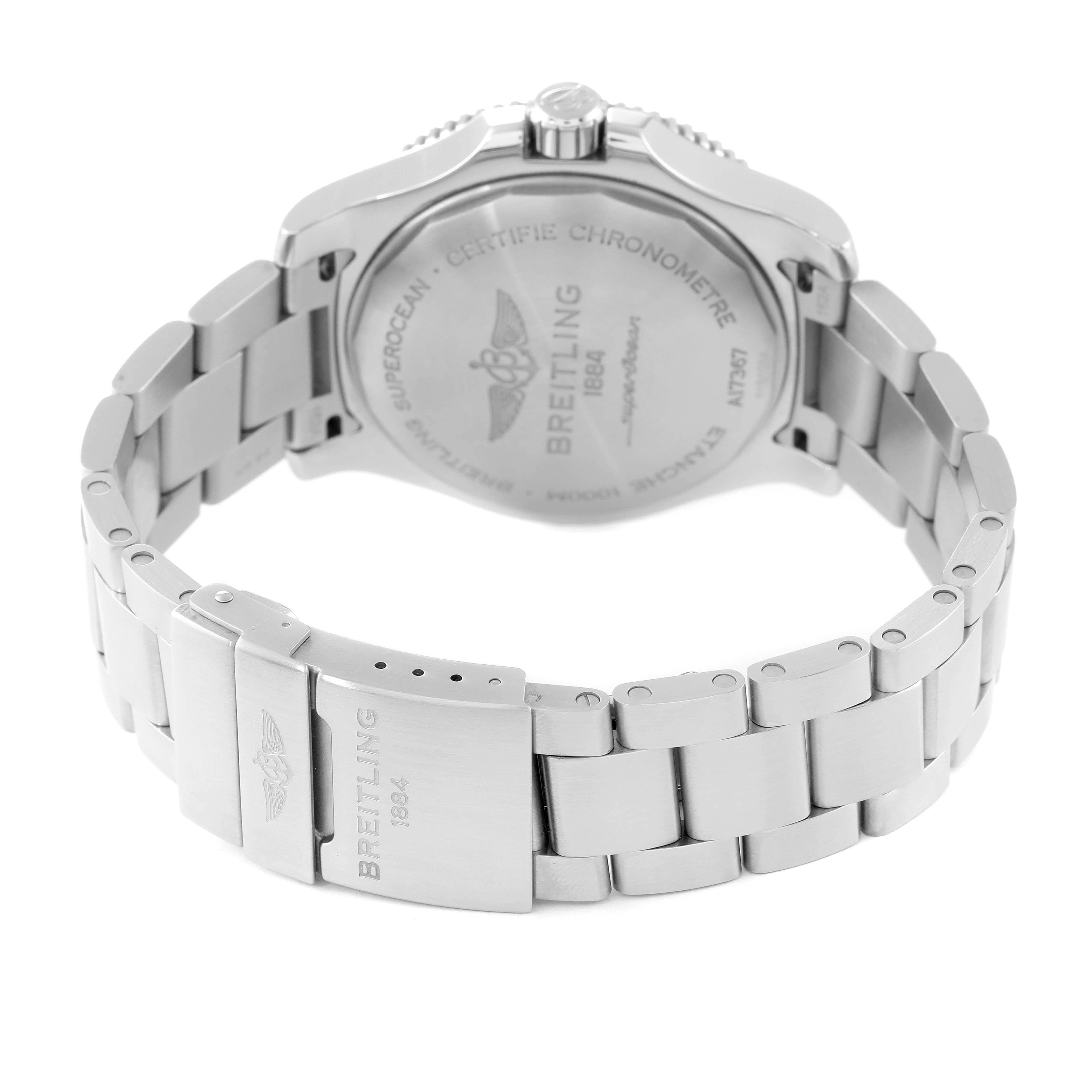 The image shows the back case and clasp of a Breitling Superocean A17367 Men's Stainless Steel Blue Dial A17367 Men's Stainless Steel Blue Dial watch, viewed from a rear angle.