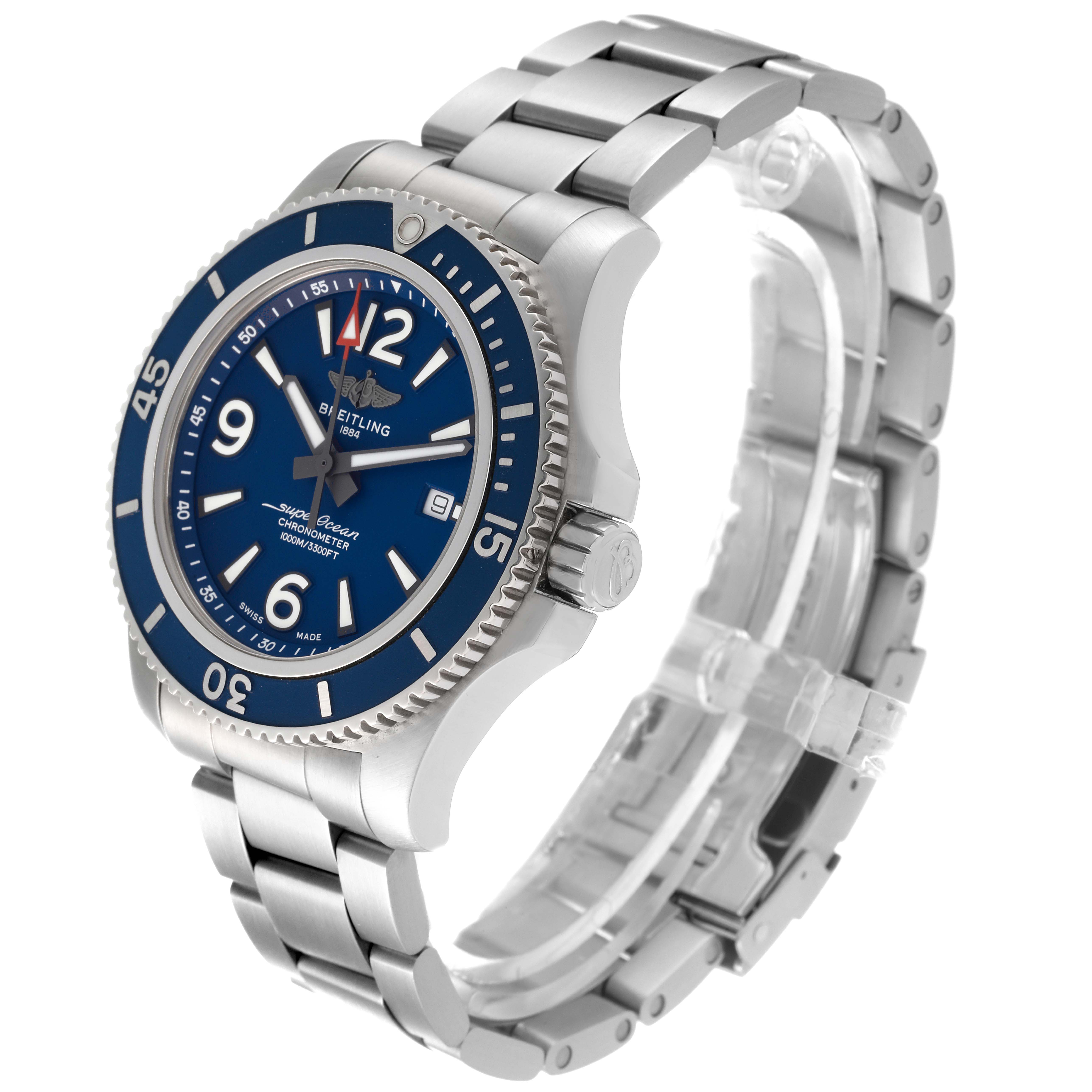 The image shows a Breitling Superocean A17367 Men's Stainless Steel Blue Dial A17367 Men's Stainless Steel Blue Dial watch at a three-quarter angle, highlighting the blue dial and metal bracelet.
