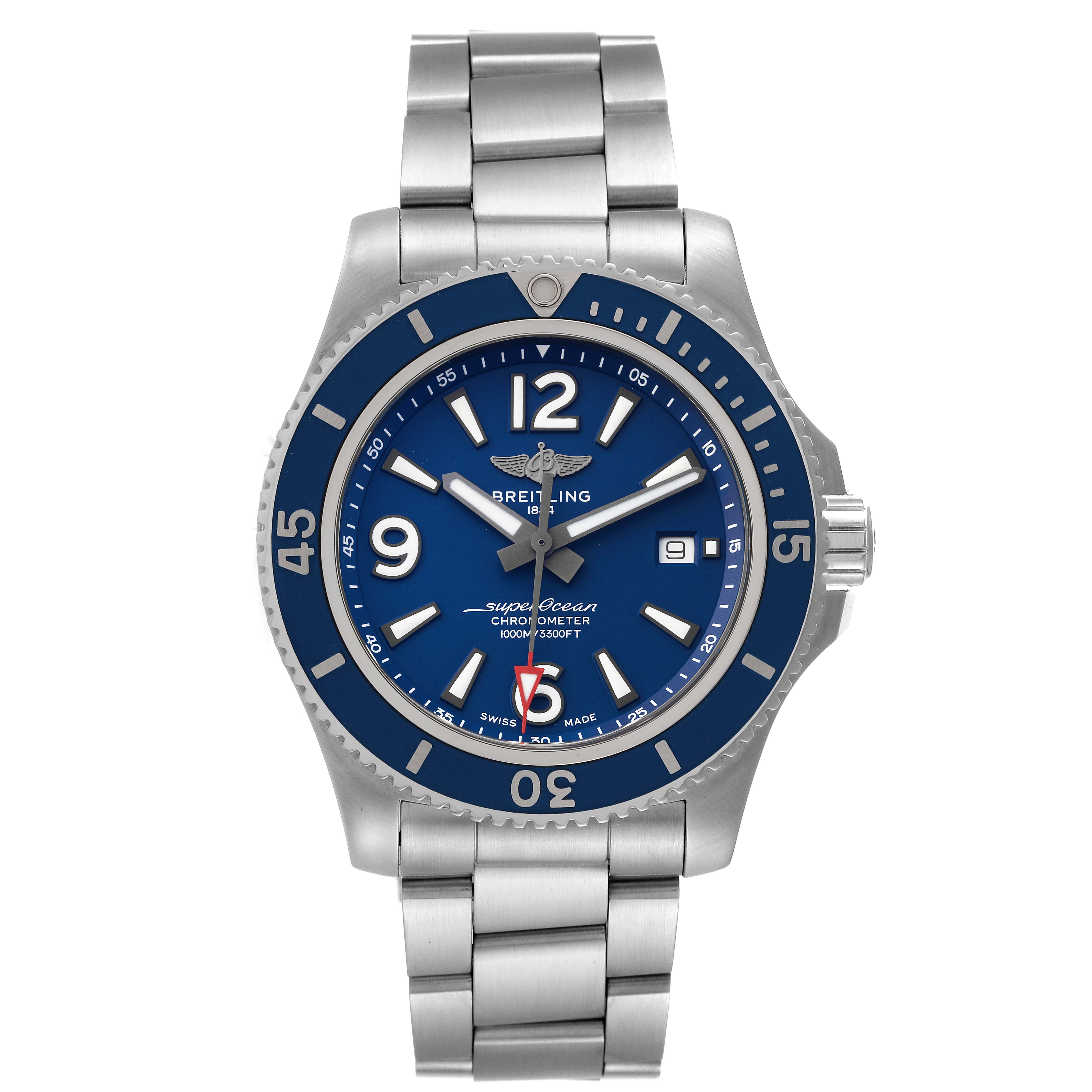The image shows a front view of a Breitling Superocean A17367 Men's Stainless Steel Blue Dial A17367 Men's Stainless Steel Blue Dial watch, including its dial, bezel, crown, and stainless steel bracelet.