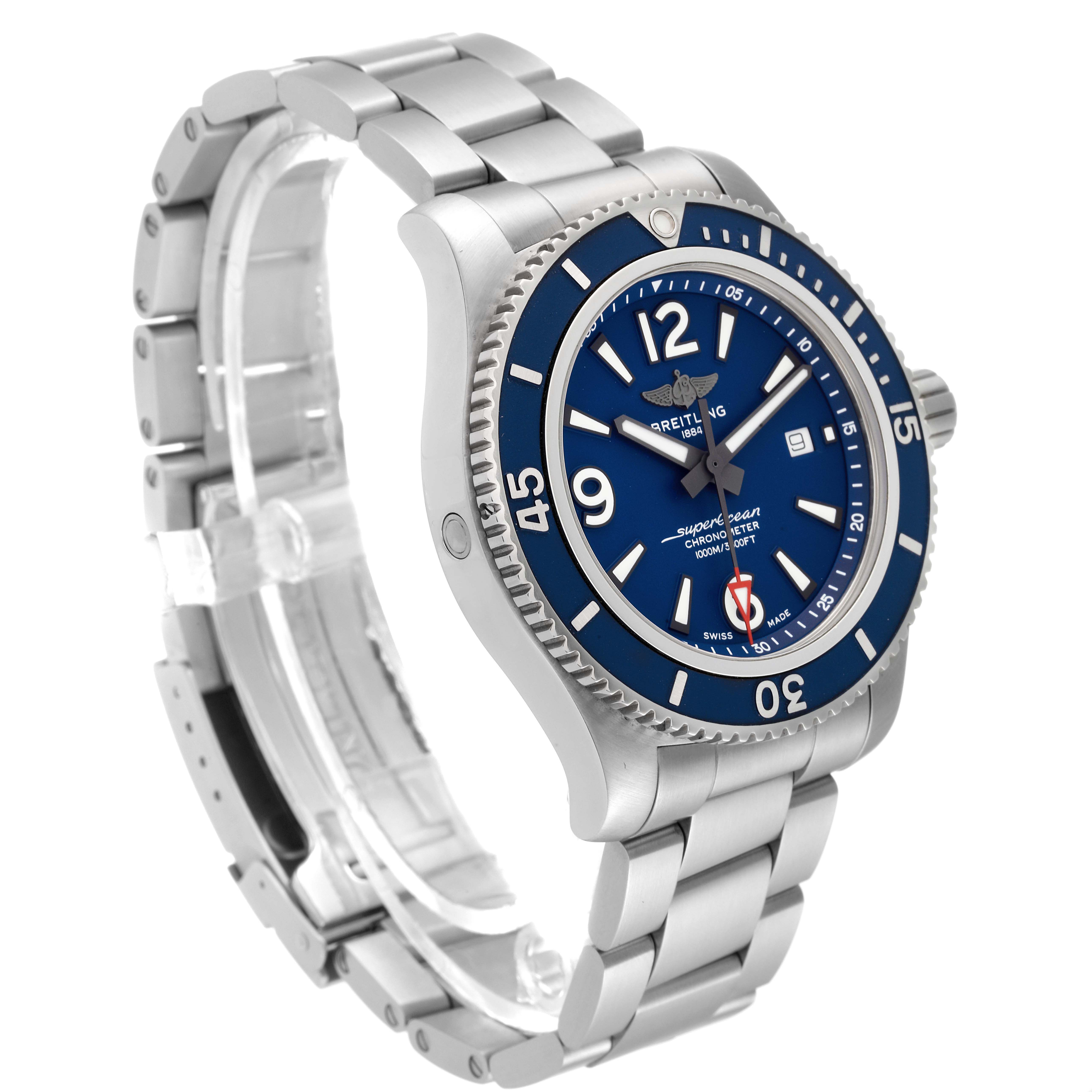 The Breitling Superocean A17367 Men's Stainless Steel Blue Dial A17367 Men's Stainless Steel Blue Dial watch is shown from a front-right angle, displaying its blue dial, bezel, and stainless steel bracelet.