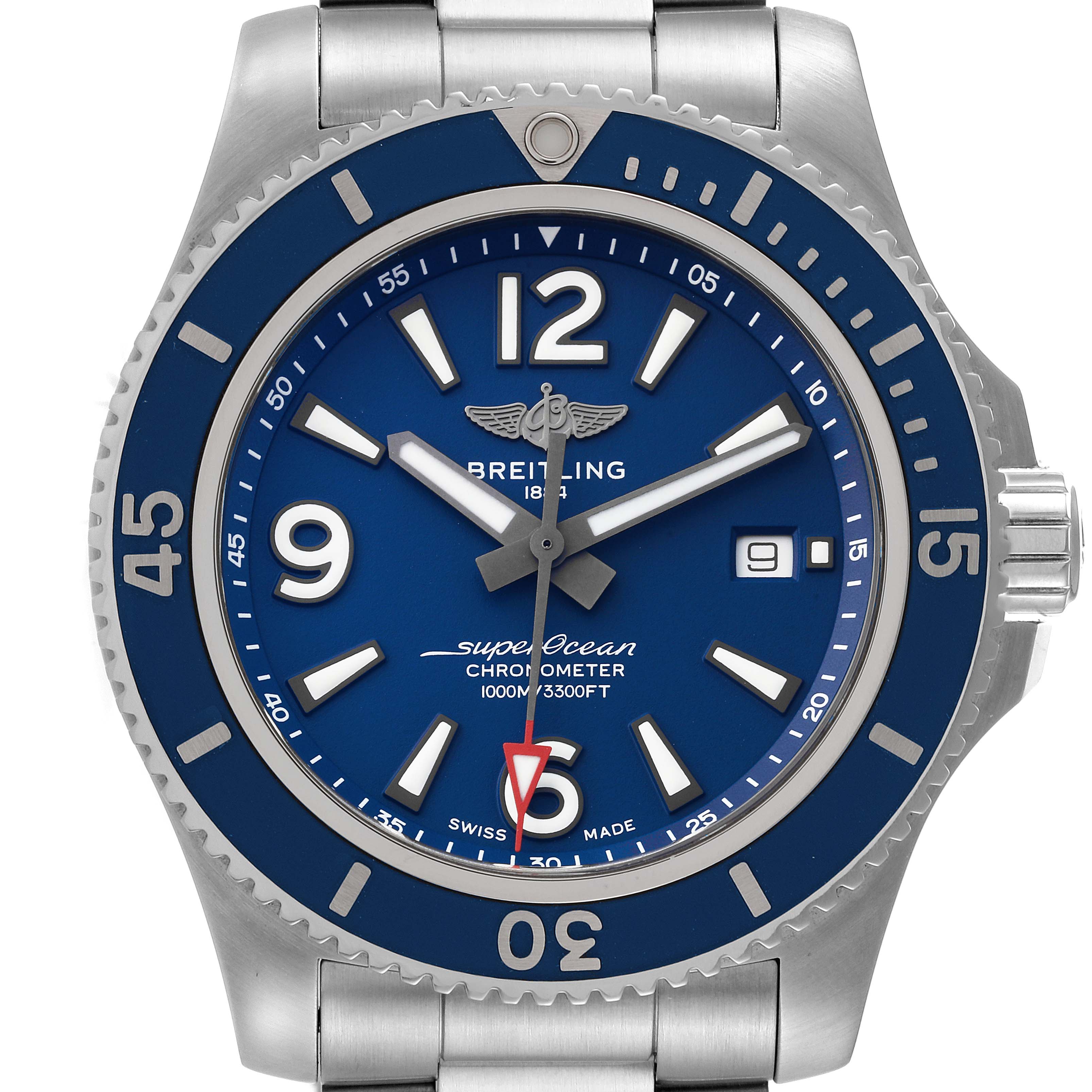This image shows a front view of a Breitling Superocean A17367 Men's Stainless Steel Blue Dial A17367 Men's Stainless Steel Blue Dial watch, showcasing its blue dial, rotating bezel, and stainless steel bracelet.