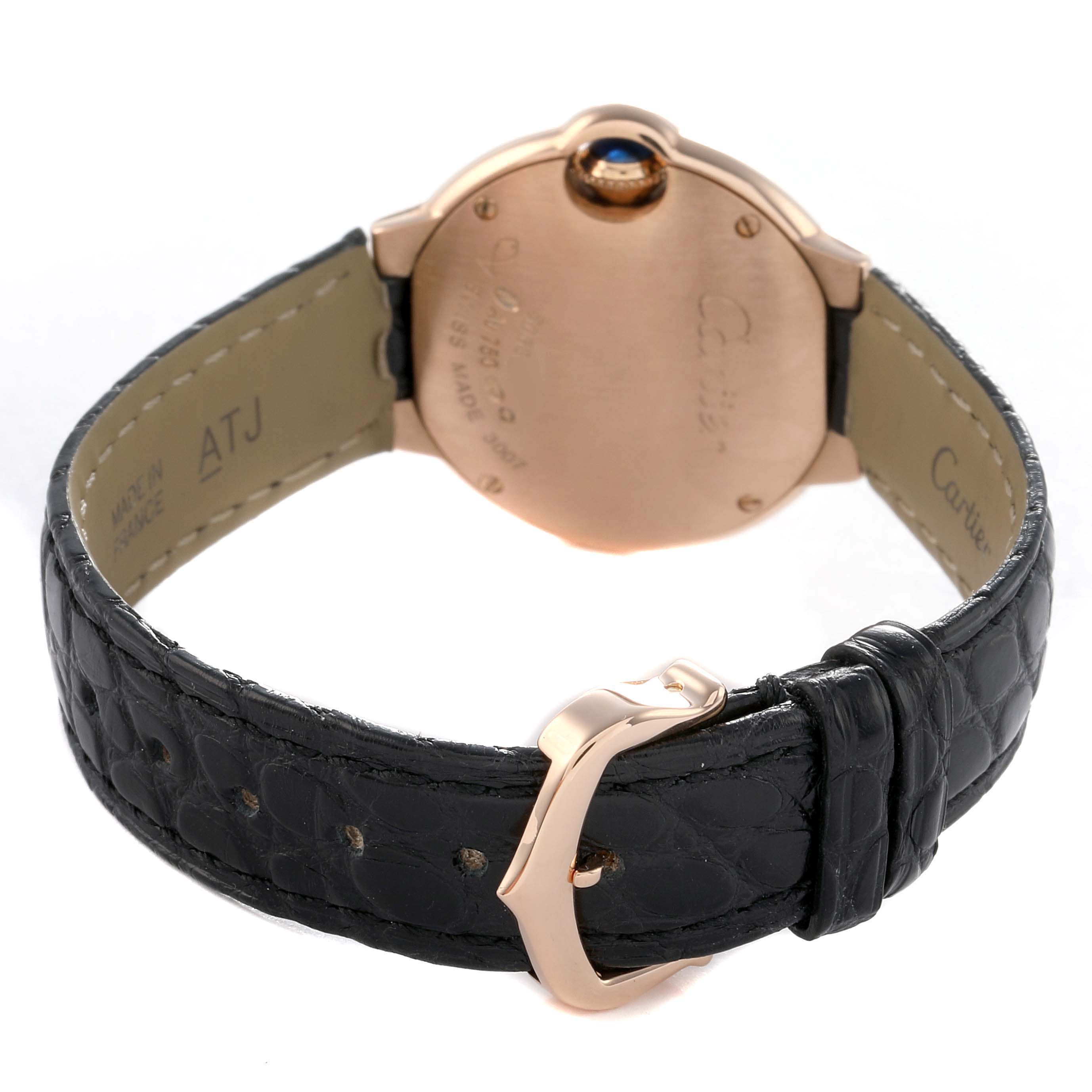 The image shows the back and side of a Cartier Ballon Bleu WE902050 Women's Rose Gold Silver Dial watch, highlighting the clasp and leather strap.