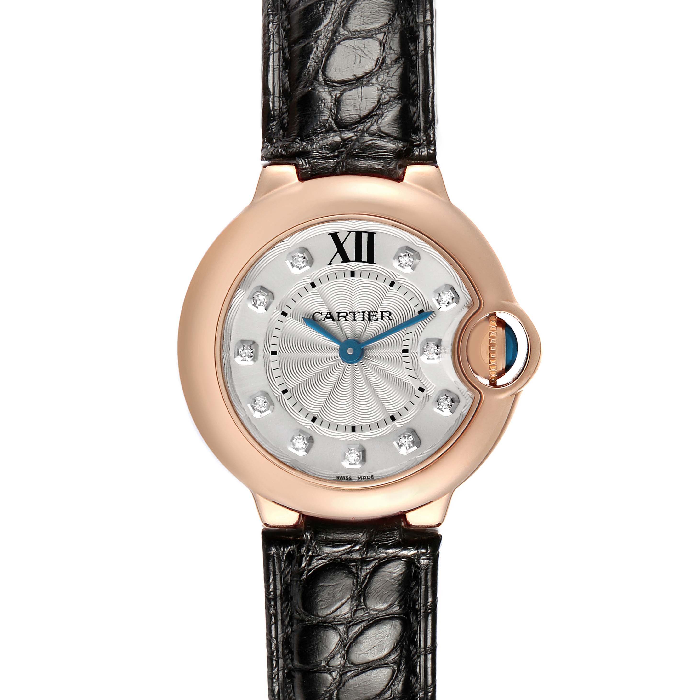 The Cartier Ballon Bleu WE902050 Women's Rose Gold Silver Dial watch is shown from the front, highlighting the face, bezel, and leather strap.