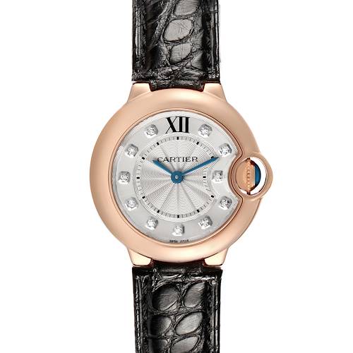 The Cartier Ballon Bleu WE902050 Women's Rose Gold Silver Dial watch is shown from a front angle, highlighting the dial, hands, and leather strap.