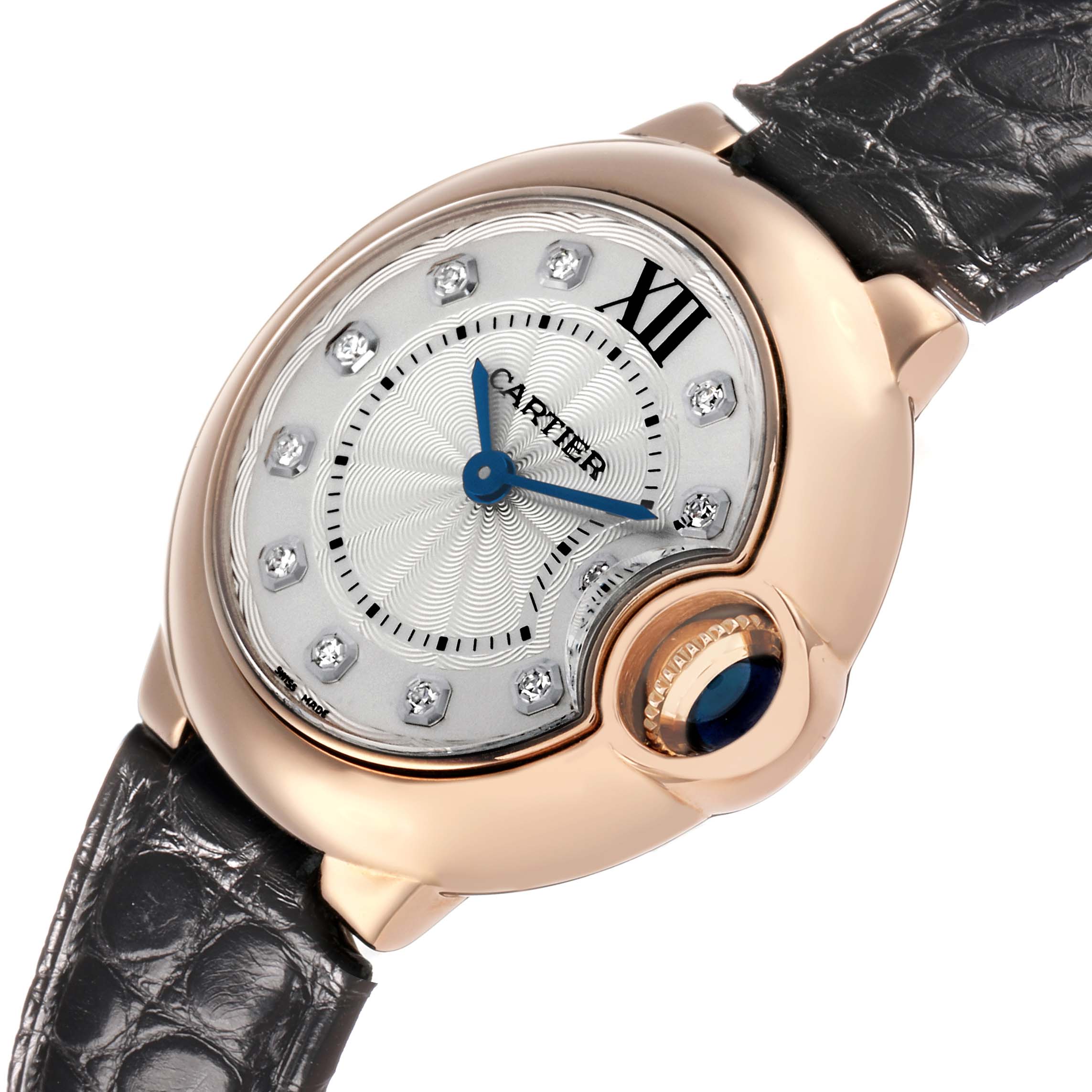 The Cartier Ballon Bleu WE902050 Women's Rose Gold Silver Dial watch is shown at an angle highlighting the dial, bezel, crown, and leather strap.