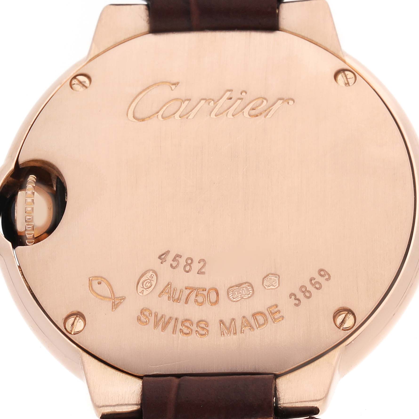 The image shows the back case of a Cartier Ballon Bleu WJBB0019 Women's Rose Gold Silver Dial watch, highlighting engravings and the strap attachment.