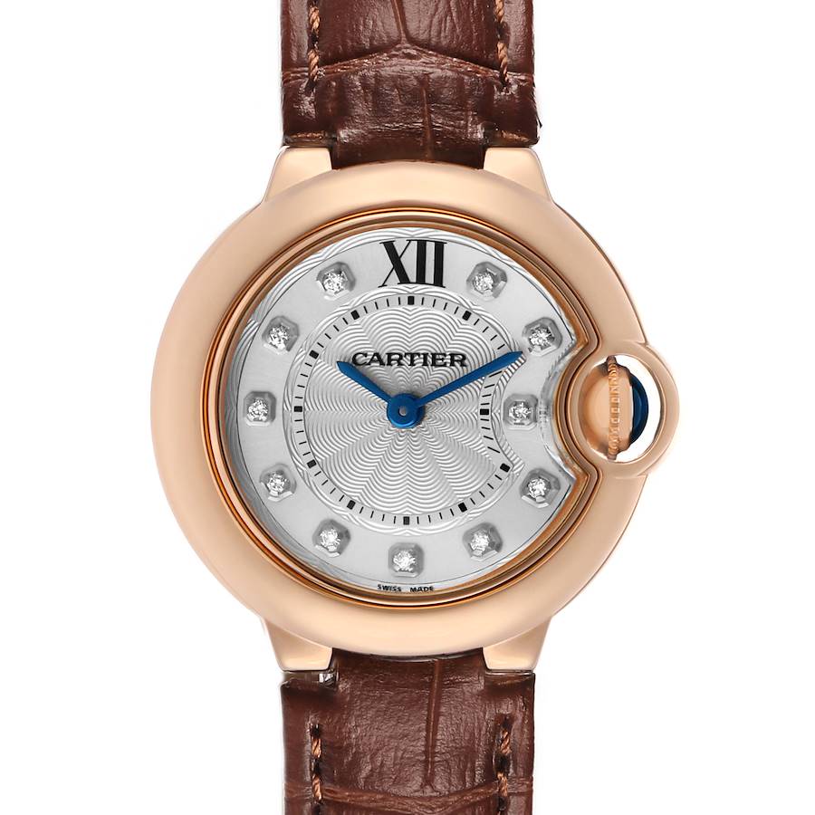 This Cartier Ballon Bleu WJBB0019 Women's Rose Gold Silver Dial watch is shown from a top-down angle, highlighting its face, crown, and brown leather strap.
