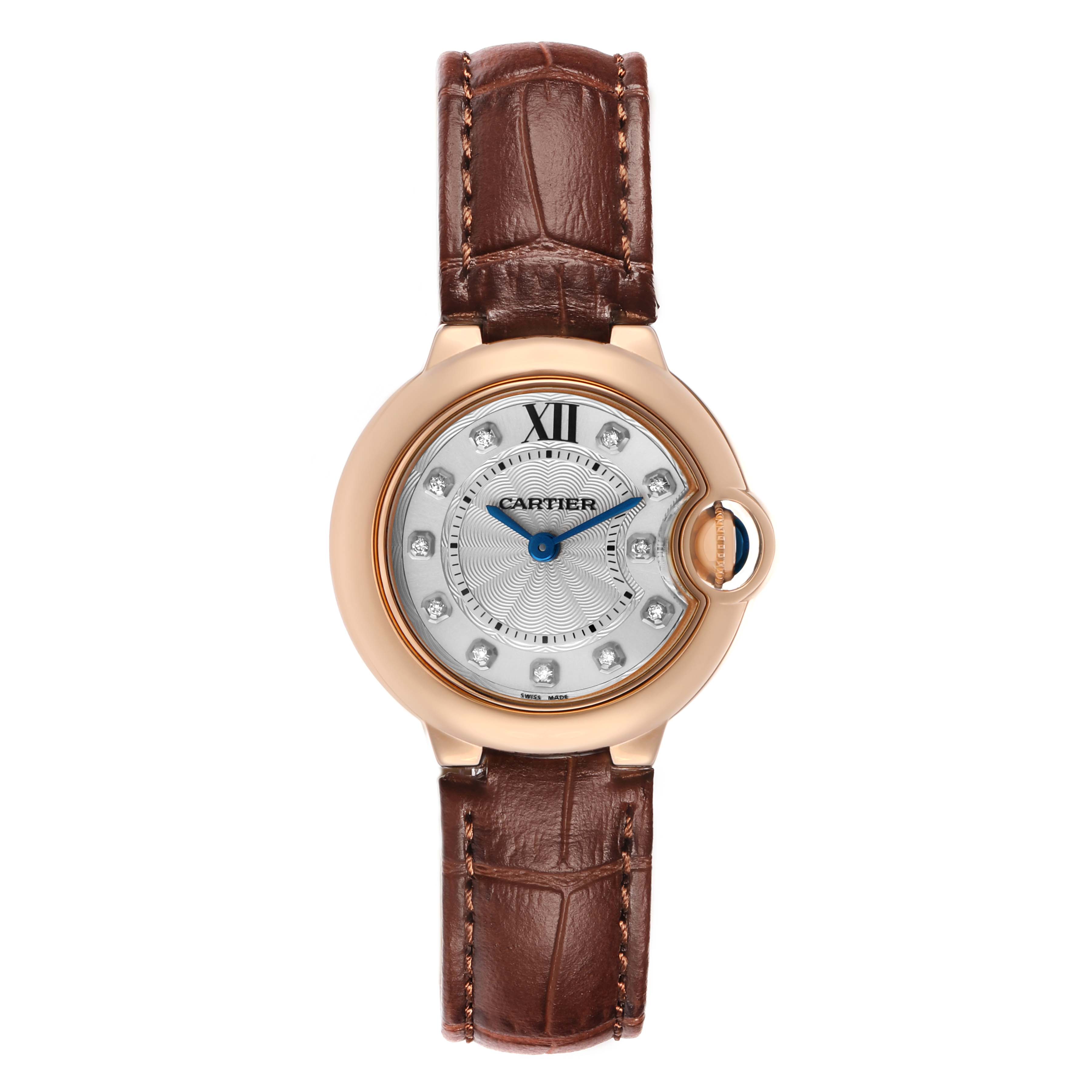 The Cartier Ballon Bleu WJBB0019 Women's Rose Gold Silver Dial watch is shown from a top-down angle, highlighting its face, strap, and unique crown.