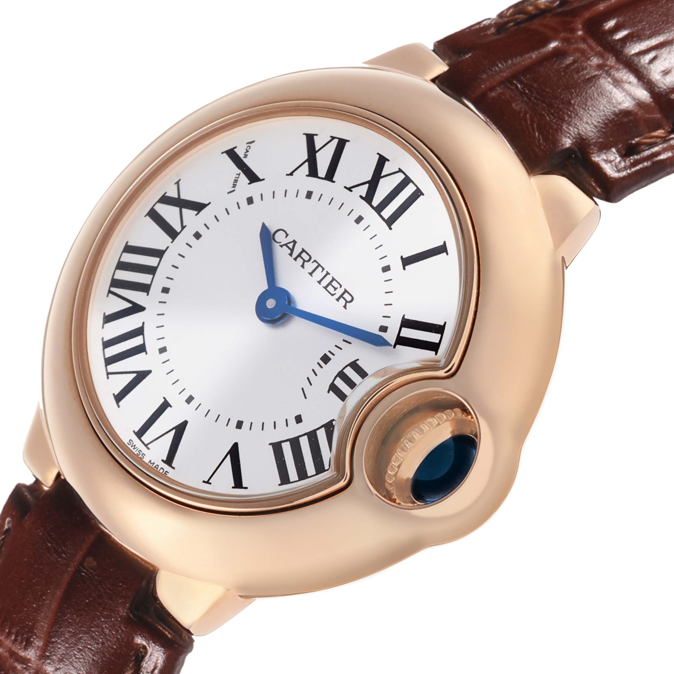 The Cartier Ballon Bleu W6900256 Women's Rose Gold Silver Dial watch is shown at an angled side view, highlighting the dial, crown, and leather strap.