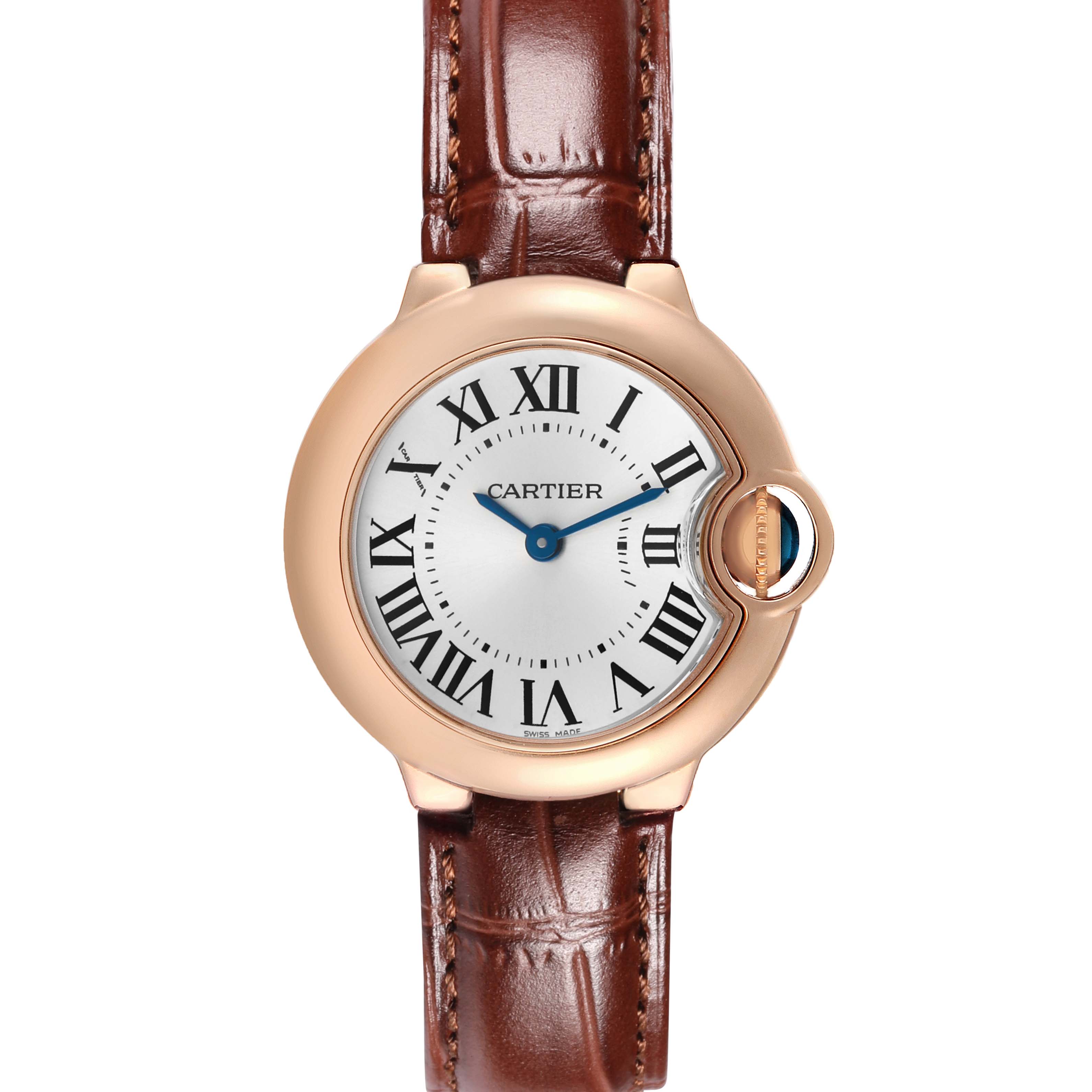 The Cartier Ballon Bleu W6900256 Women's Rose Gold Silver Dial watch is shown from a front view, highlighting the dial, Roman numerals, and brown leather strap.