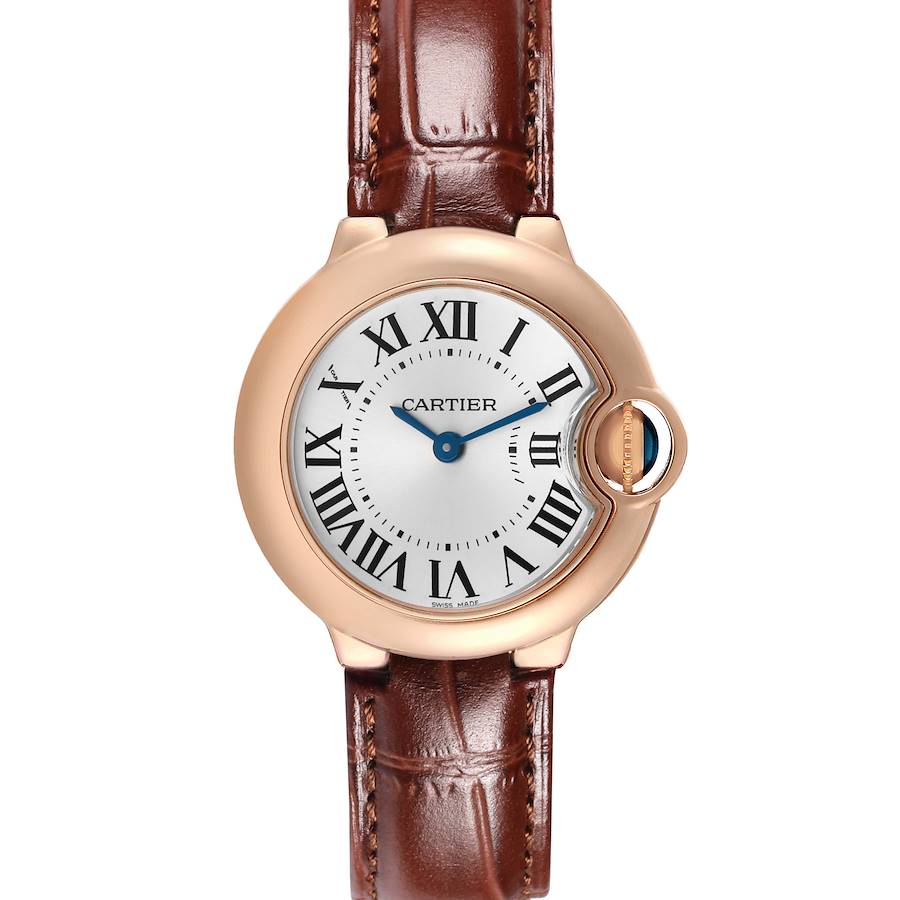 The Cartier Ballon Bleu W6900256 Women's Rose Gold Silver Dial watch is shown from a front view, highlighting the dial, Roman numerals, and brown leather strap.