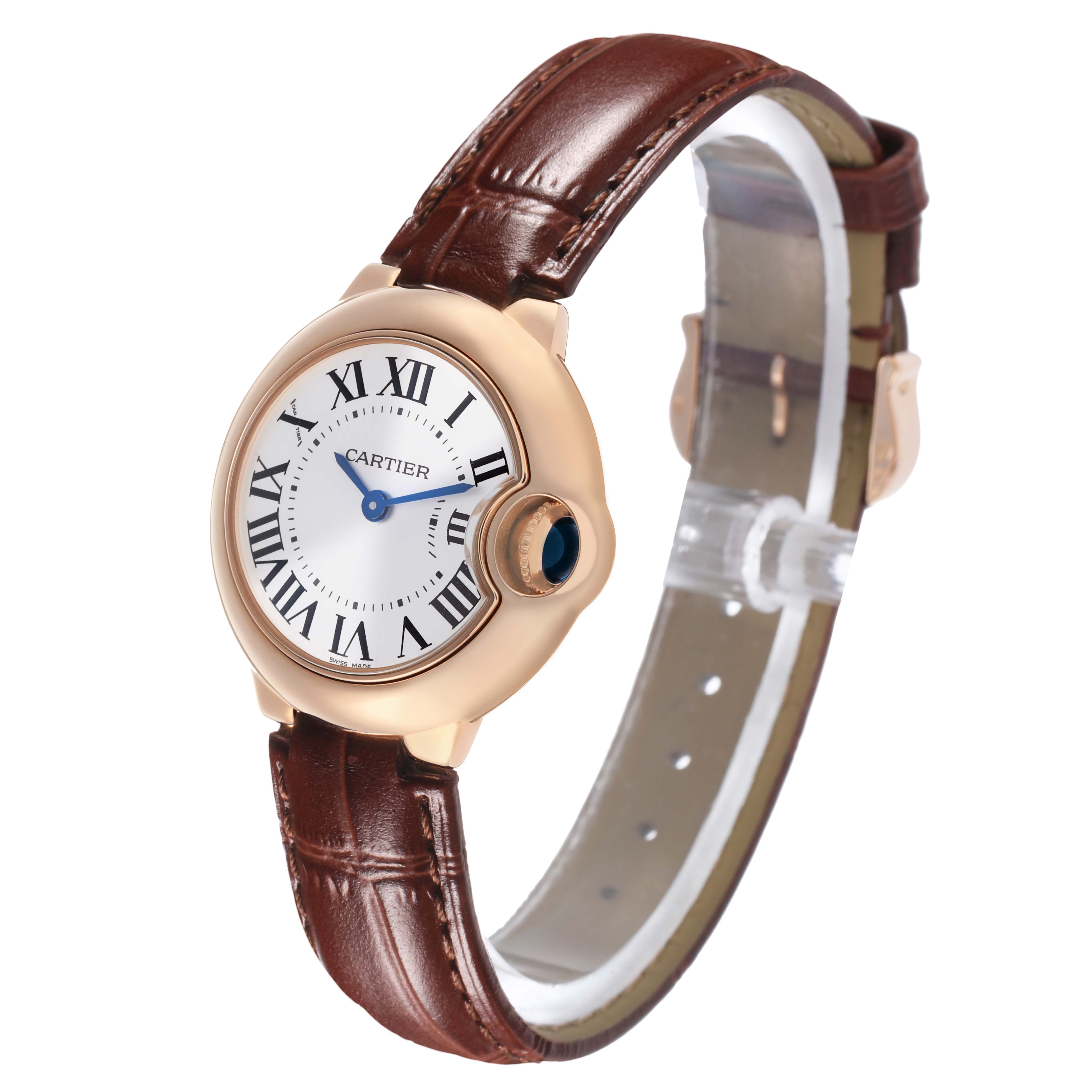 The Cartier Ballon Bleu W6900256 Women's Rose Gold Silver Dial watch is shown in a three-quarter angle, displaying the face, crown, and brown leather strap.