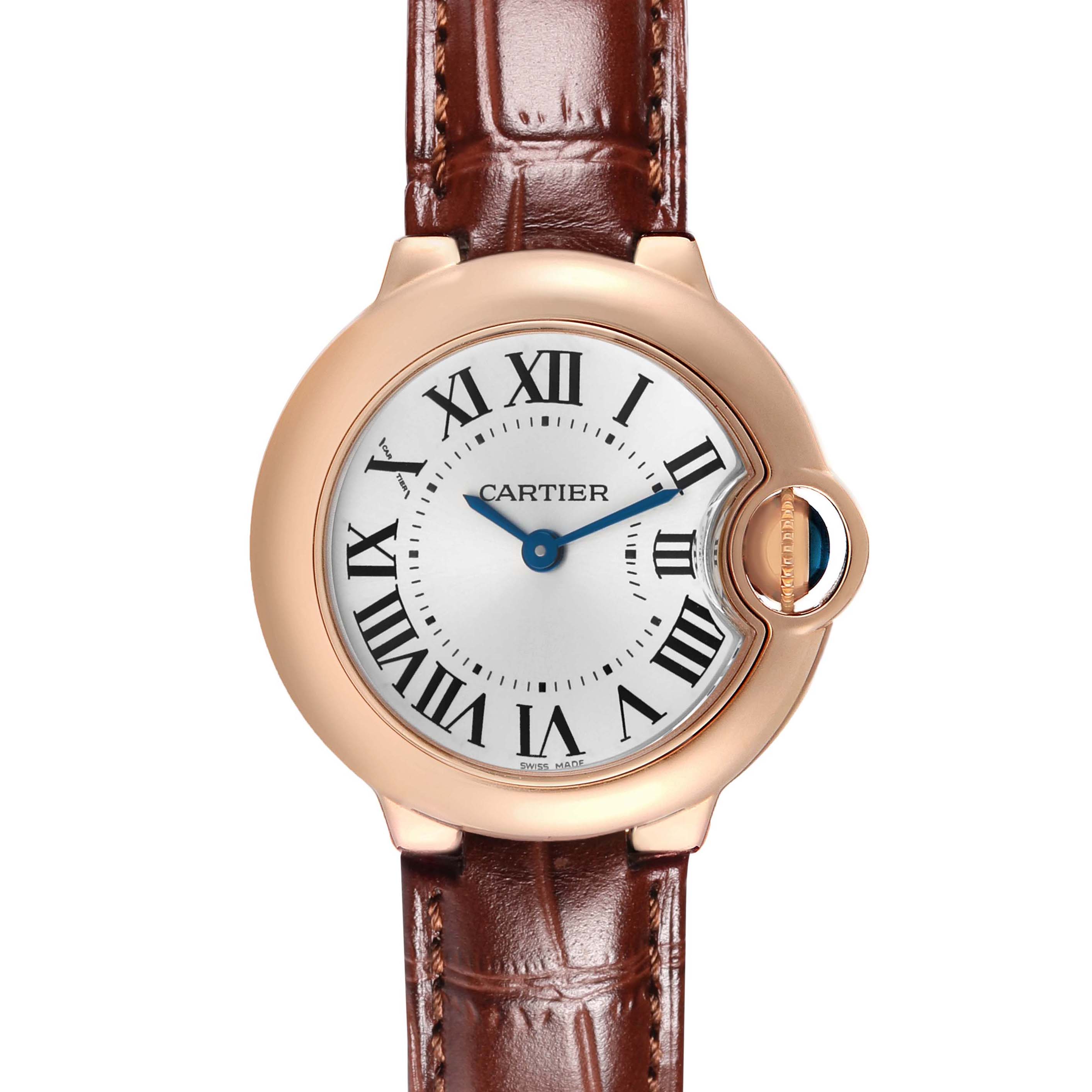 The Cartier Ballon Bleu W6900256 Women's Rose Gold Silver Dial watch is shown from a front angle, displaying its dial, Roman numerals, and crown detail.