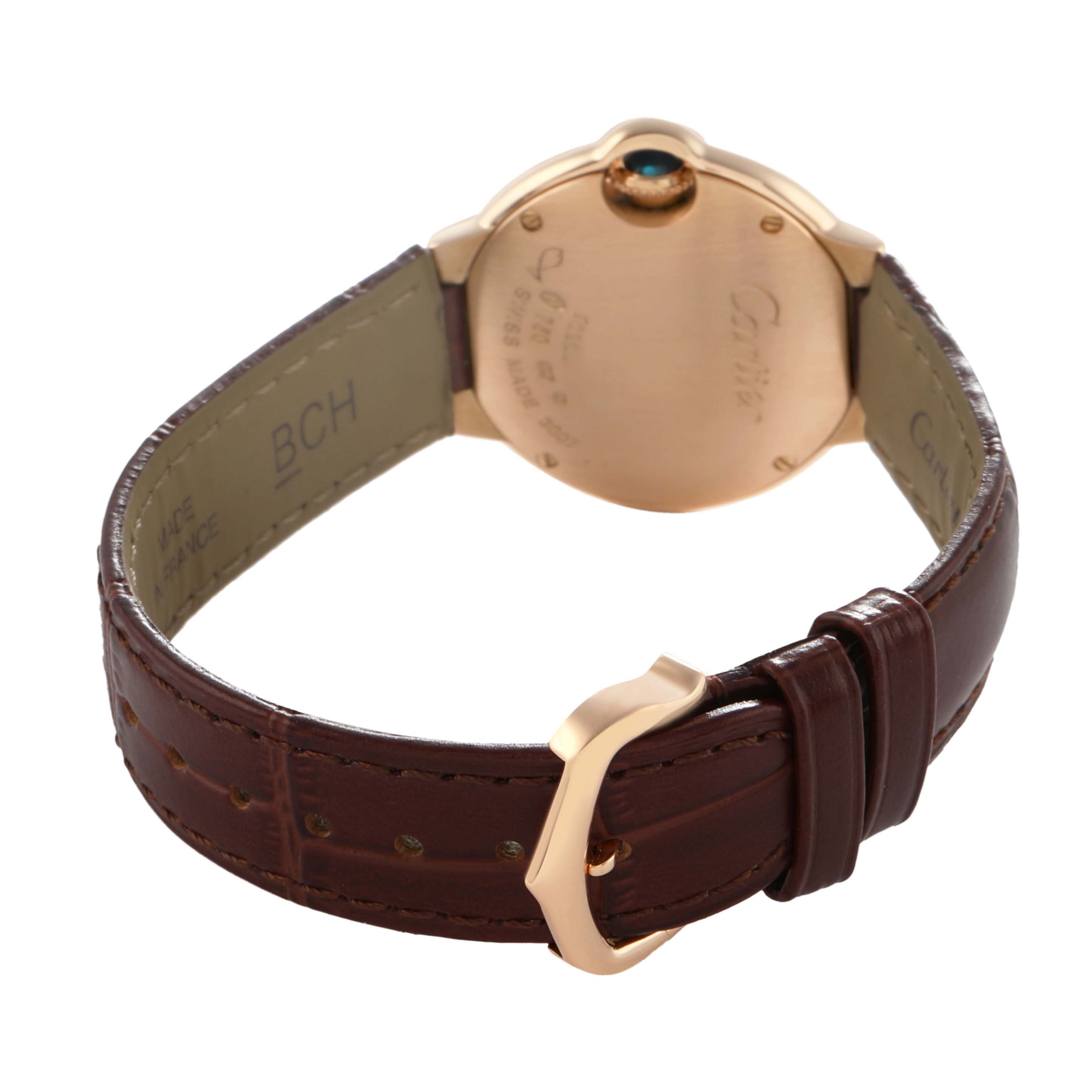 The Cartier Ballon Bleu W6900256 Women's Rose Gold Silver Dial watch is shown from the back, highlighting its case, leather strap, and buckle.