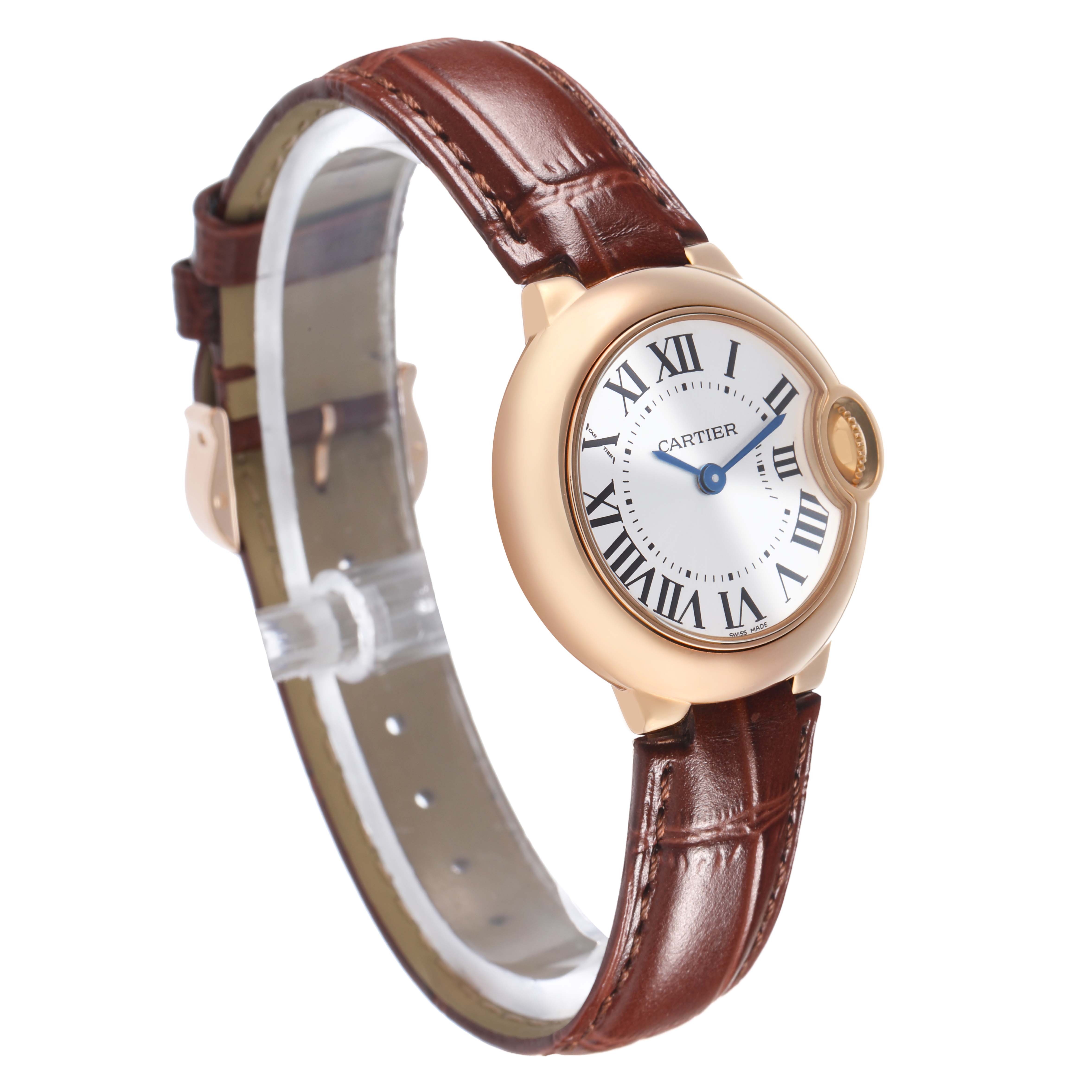The Cartier Ballon Bleu W6900256 Women's Rose Gold Silver Dial watch is shown from an angled side view, displaying the face, crown, and brown leather strap.